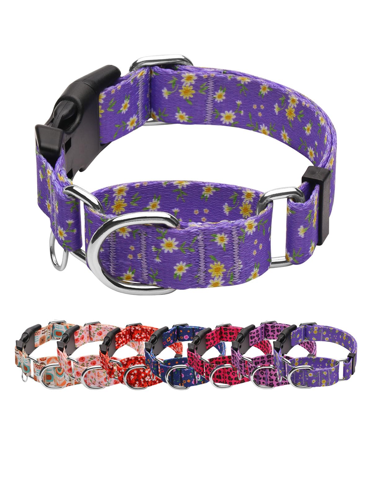 Joocpup Martingale Dog Collar With Tag Ring - Adjustable Soft Nylon No-Slip Design For Small, Medium & Large Dogs, Purple Flower