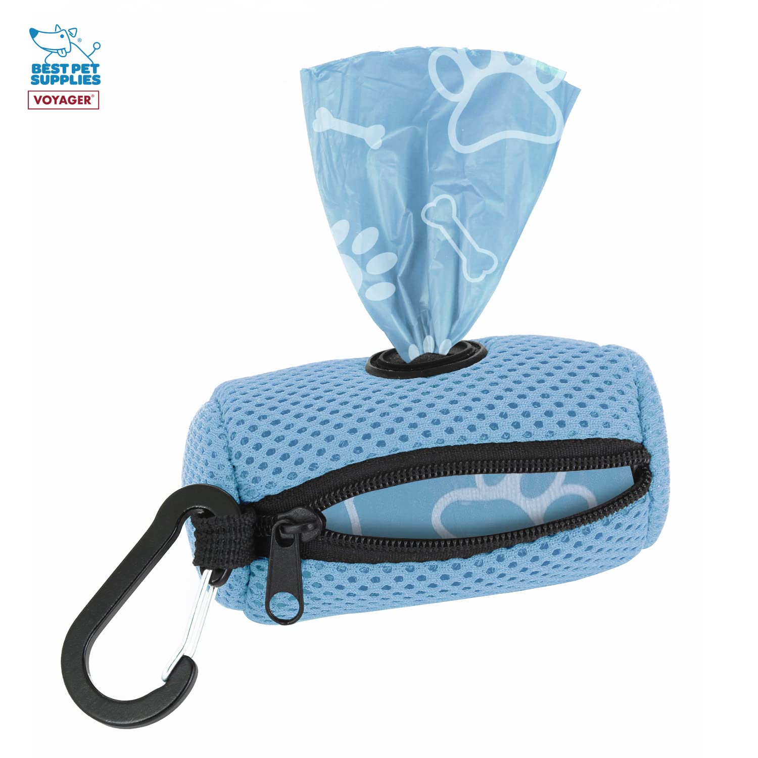 Best Pet Supplies Dog Poop Bag Holder Leash Attachment With 15 Bags, Baby Blue, Reusable Mesh Dispenser Pouch For Travel, Walkin