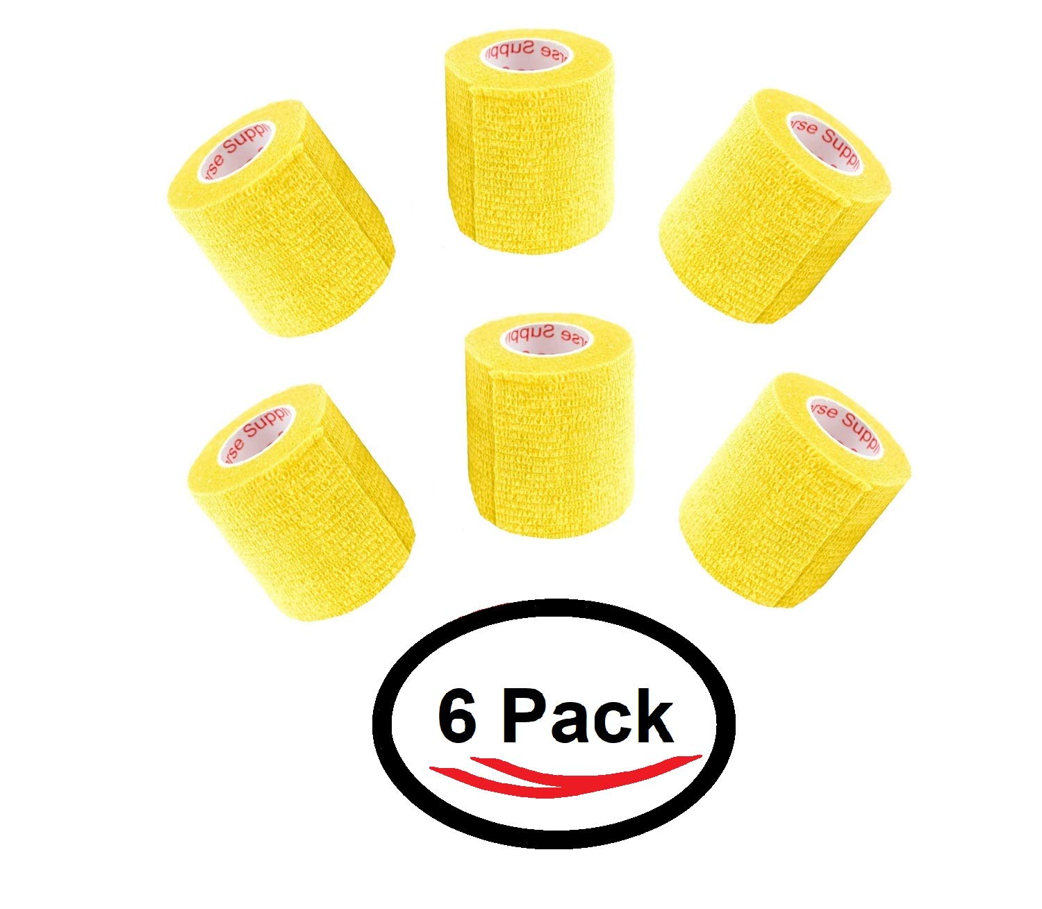2 Inch Vet Wrap Tape Bulk (Yellow) (Pack of 6) Self Adhesive Adherent Adhering Flex Bandage Grip Roll for Dog Cat Pet Horse