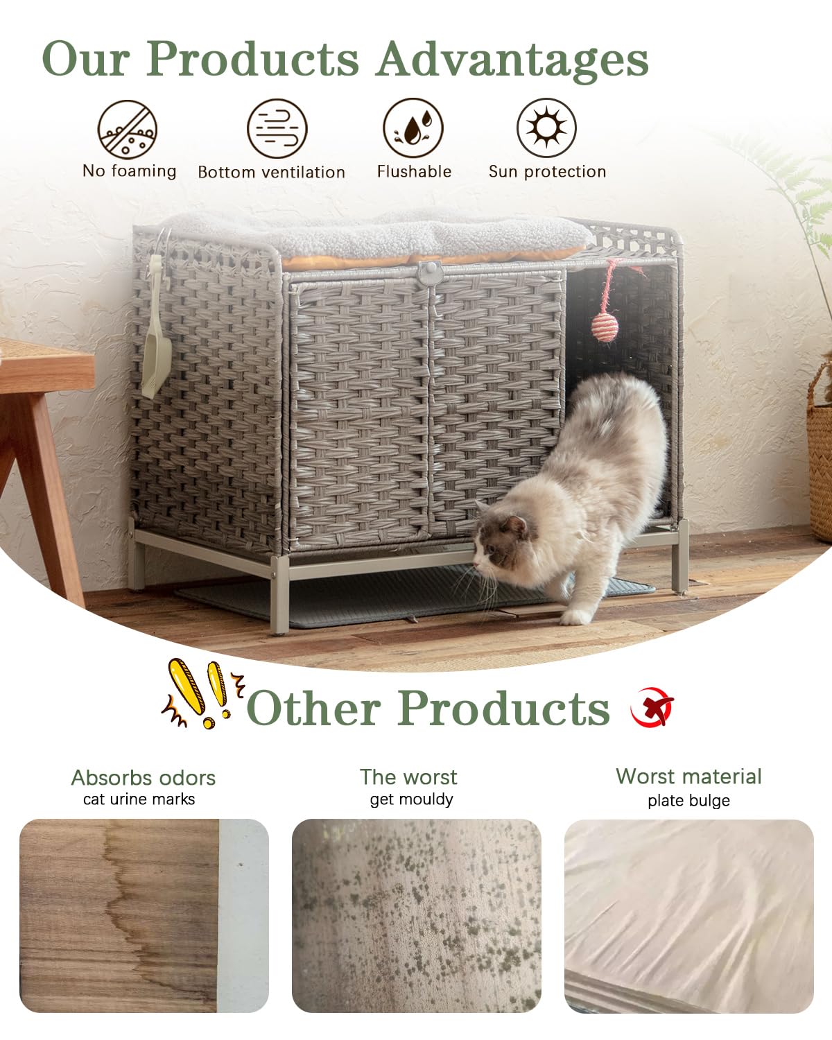 Setvson Cat Litter Box Enclosure Furniture With Divider, Handwoven Rattan Litter Box With Mat, 31.2 X 19.6 X 24.2 Inches, Metal