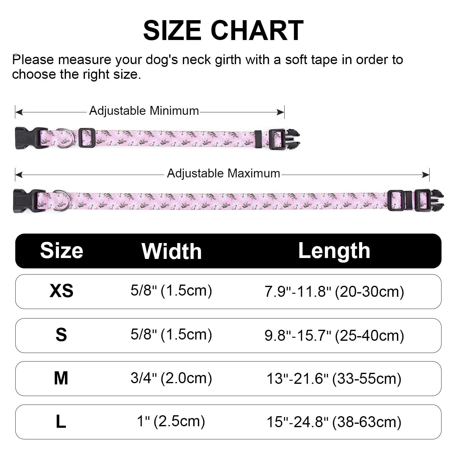 Mercano Adjustable Dog Collar - Special Design Patterns, Soft Nylon Comfortable Durable Pet Collar For Small Medium Large Dogs (S, Pink White Flower)