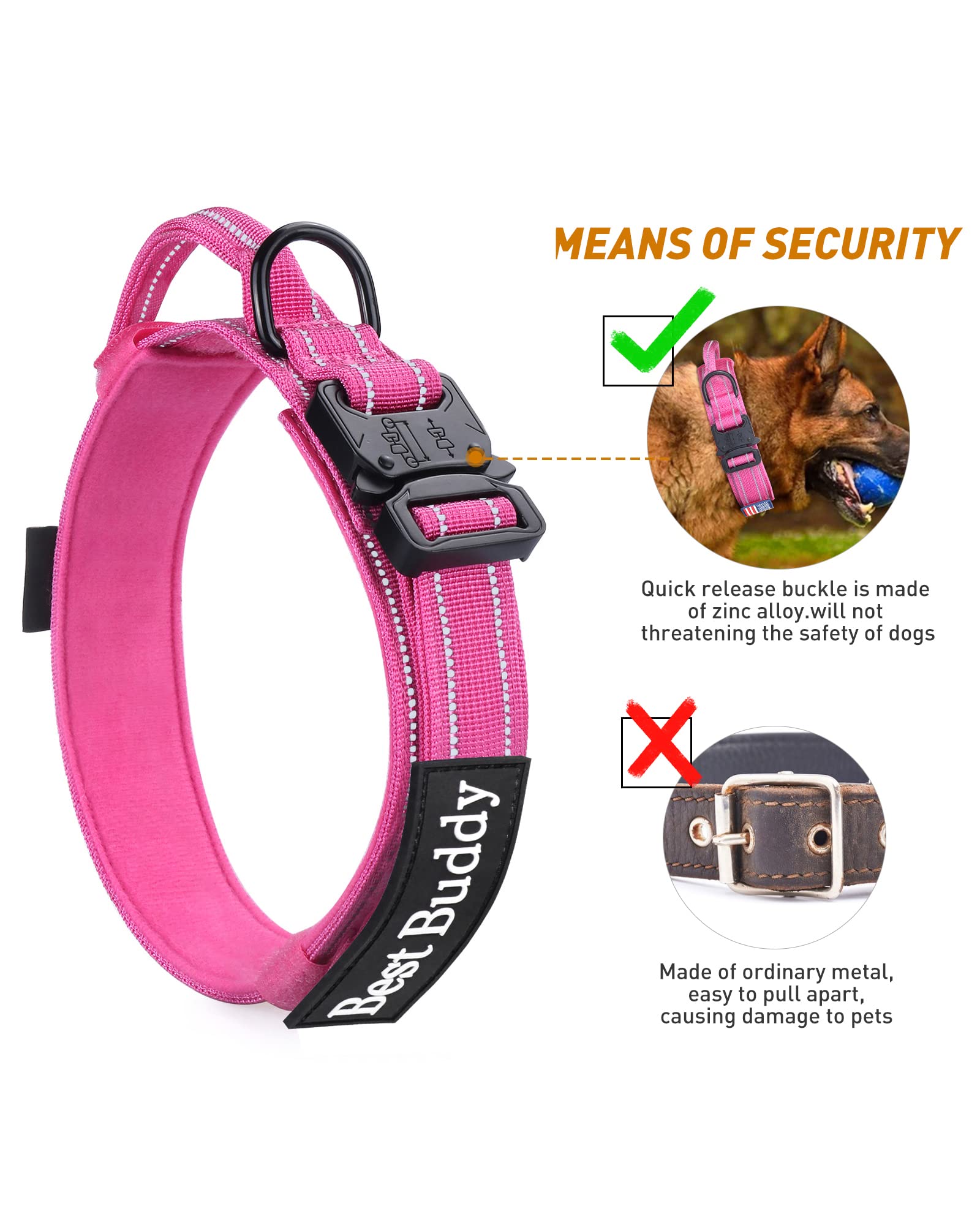 Aubell Reflective Dog Collar, Tactical Dog Collar Adjustable Military Nylon Collars With Handle And Heavy Duty Metal Buckle For Medium Large Dogs, With 2 Patches And Airtag Case Holder (Hotpink, Xl)