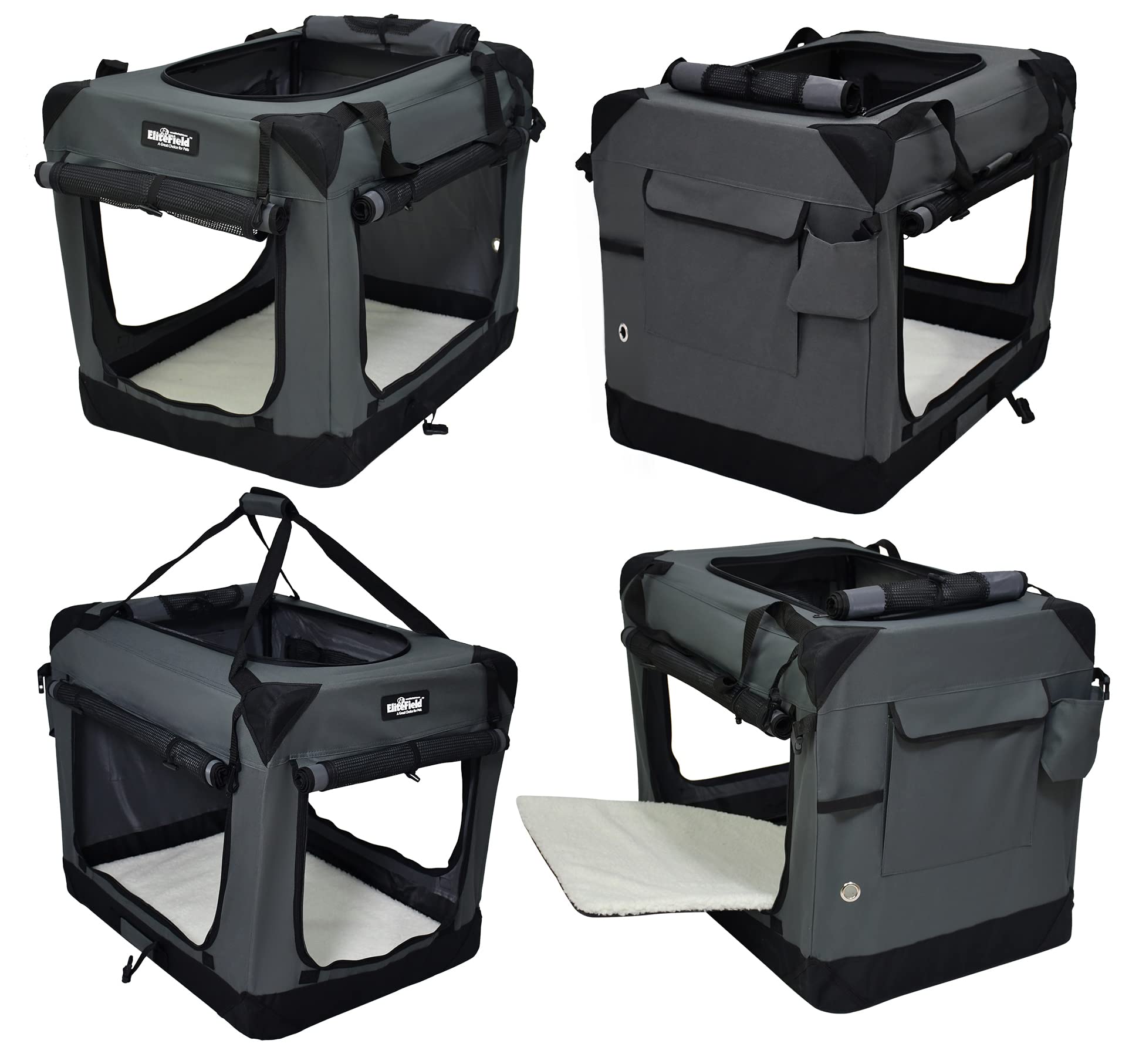 Elitefield 4-Door Folding Soft Dog Crate With Curtains, Carrying Bag And Fleece Bed (2 Year Warranty), Indoor & Outdoor Pet Home (30' L X 21' W X 24' H, Gray+4 Door Curtains)