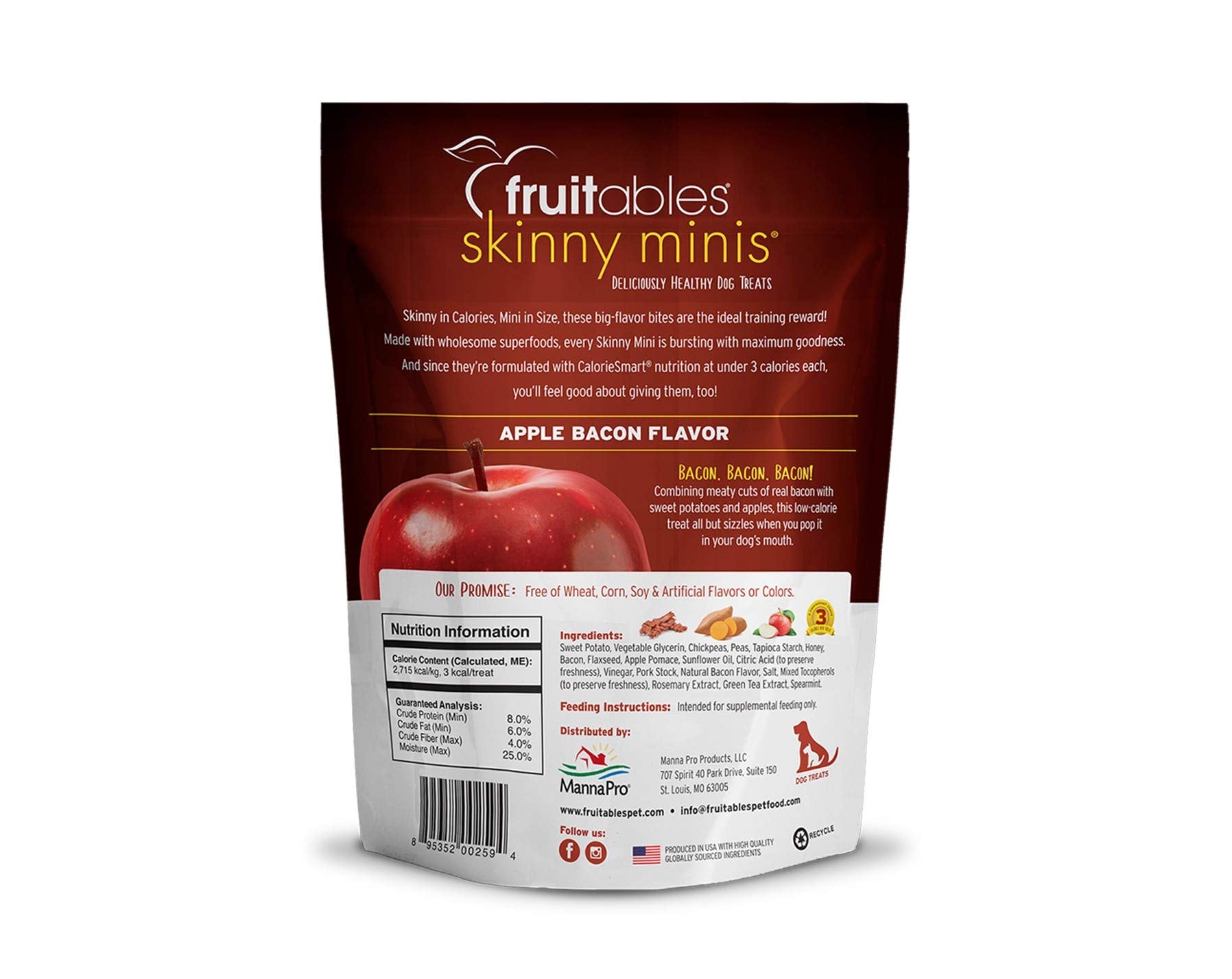 Fruitables Soft and Chewy Skinny Minis 12 Ounce Apple Bacon Grain Free Dog Training Treat, Pack of 3