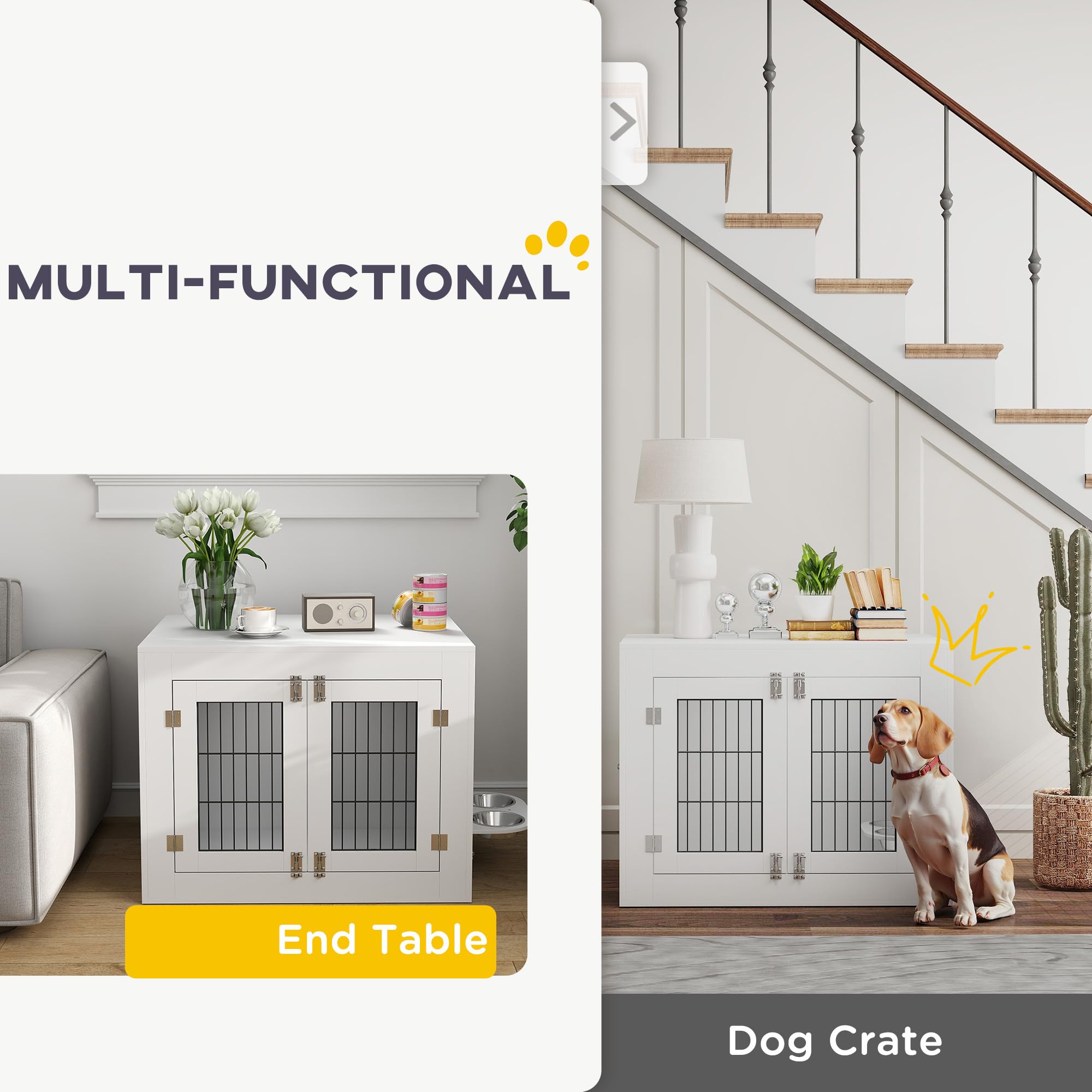 PawHut Dog Crate Furniture with Removable Bowls, 31.5"x23.6"x24.8", Engineered Wood, White, Model D02-212V00WT