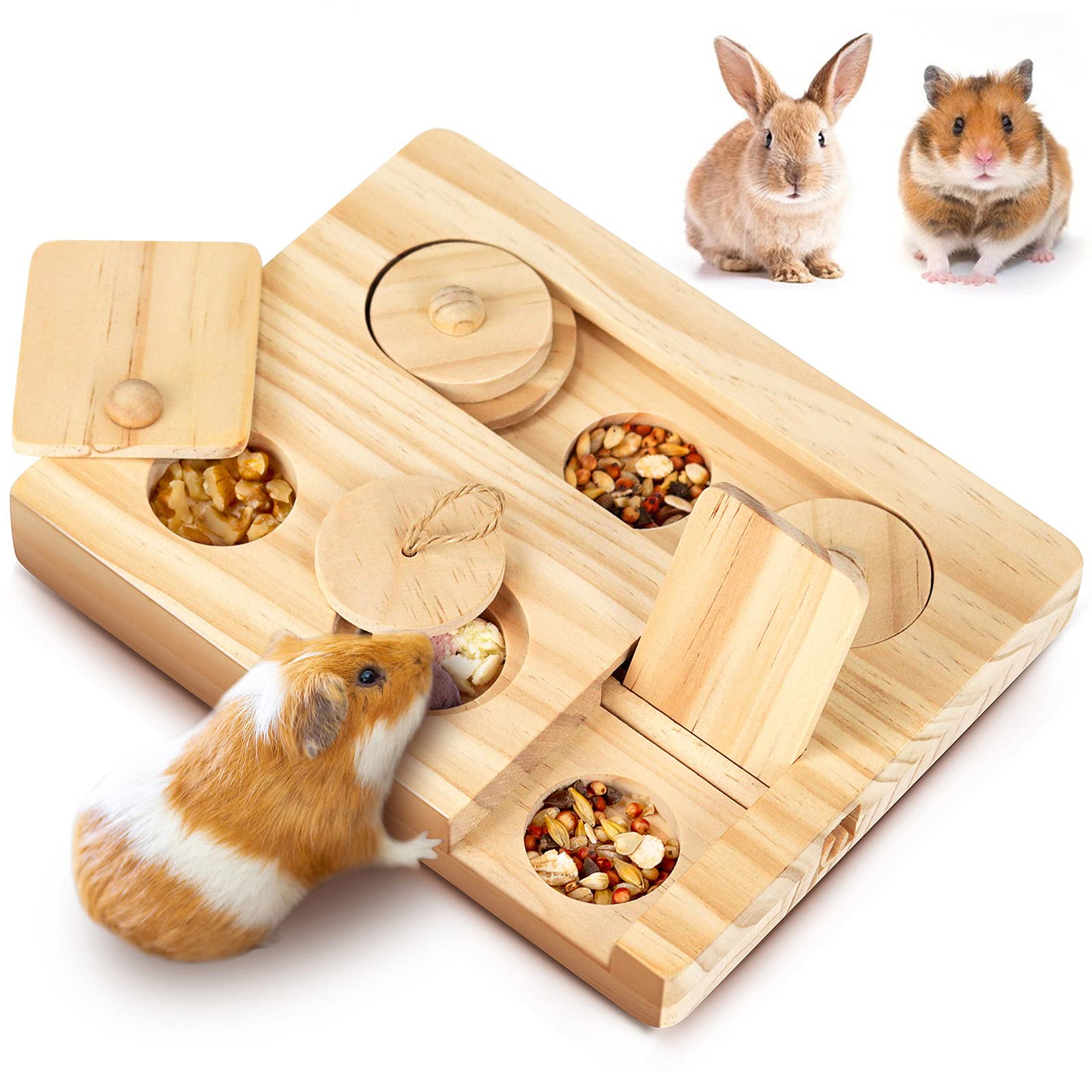 MWAOWM Guinea Pig Foraging Toys, 6 in 1 Hamsters Wooden Interactive Enrichment Toys, Treat Dispenser for Small Animal, for Rabbi