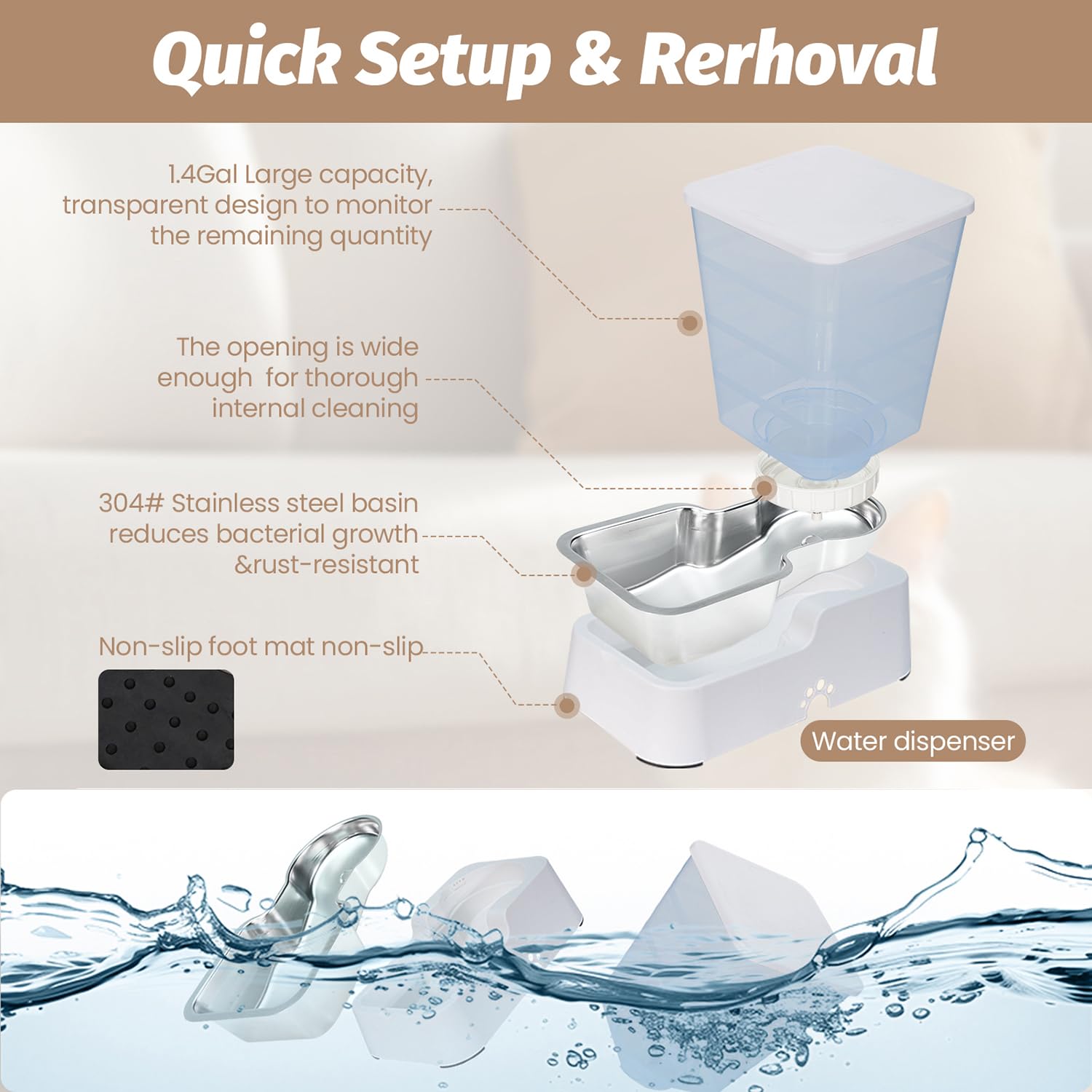 Leefele Automatic 5.4L/1.4Gal Pet Waterer, Pet Automatic Dog Water Dispenser Gravity Stainless Steel Water Feeder, Large Capacit