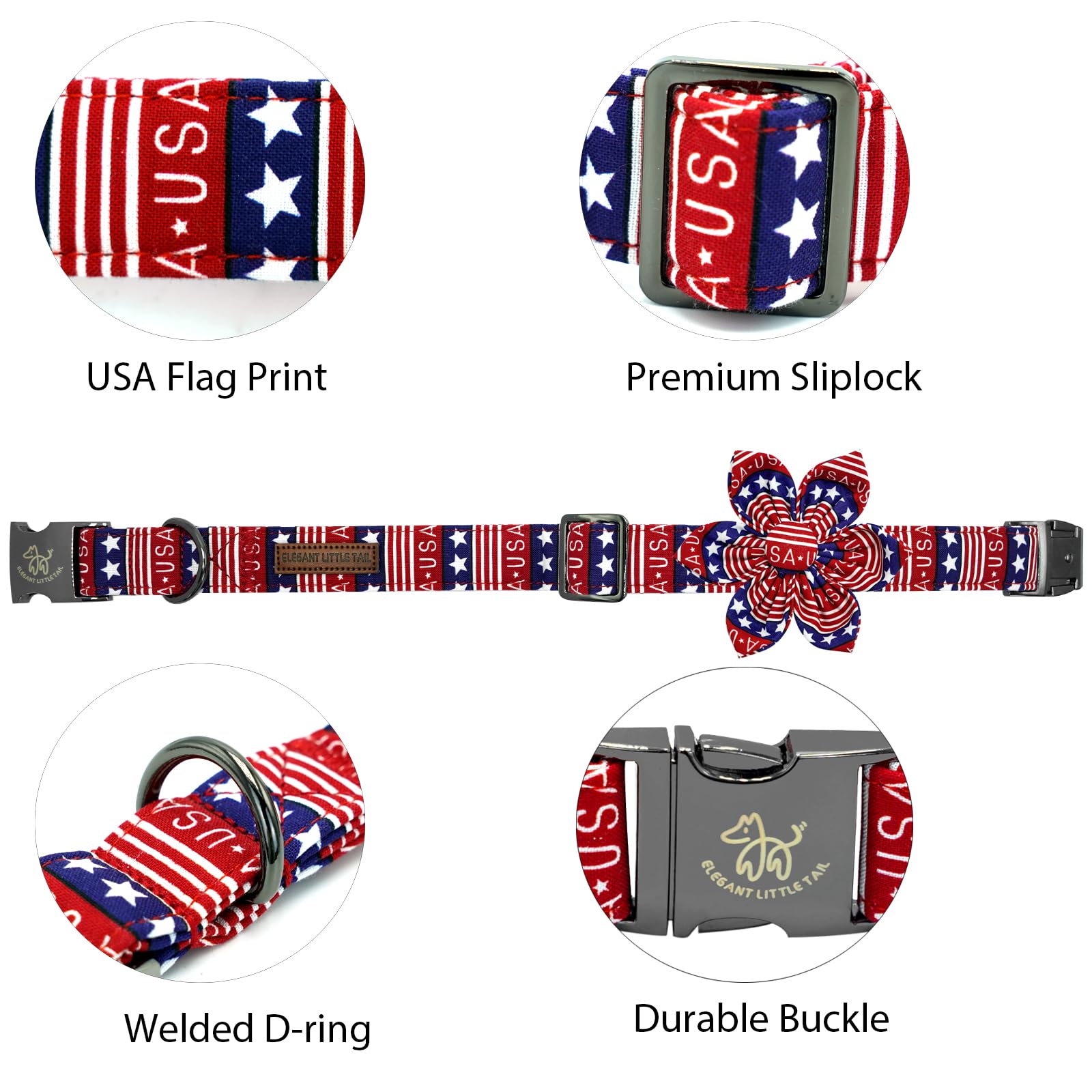Elegant Little Tail Independence Dog Collar, Patriotic Pet Collar With Flower American 4Th Of July Pet Gift Cotton Soft Boy Girl