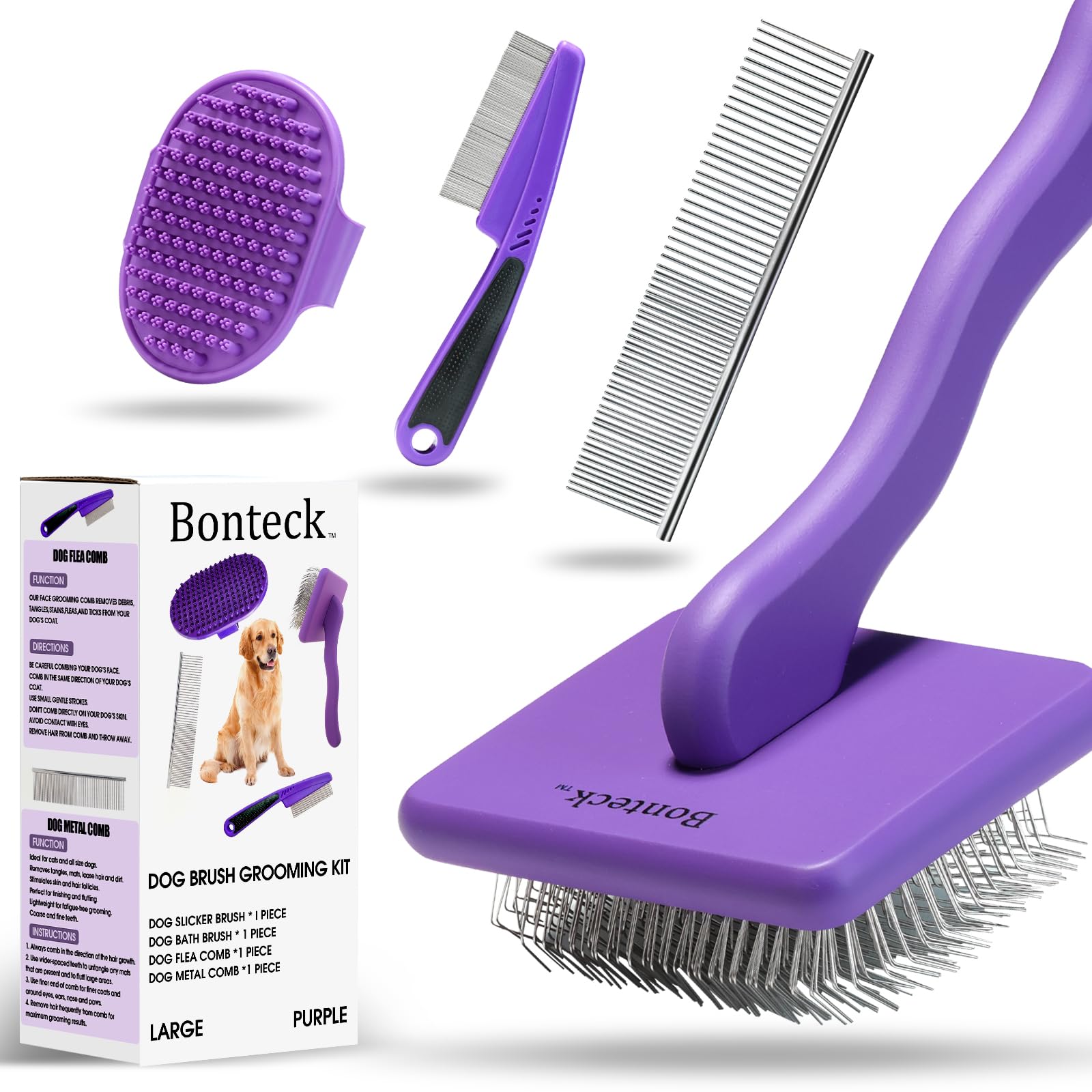 Bonteck Dog Slicker Brush for Dogs Grooming Kit 4PCS | Large Dog Brush for Goldendoodles Poodles Doodles | Long Pin Haired Brush