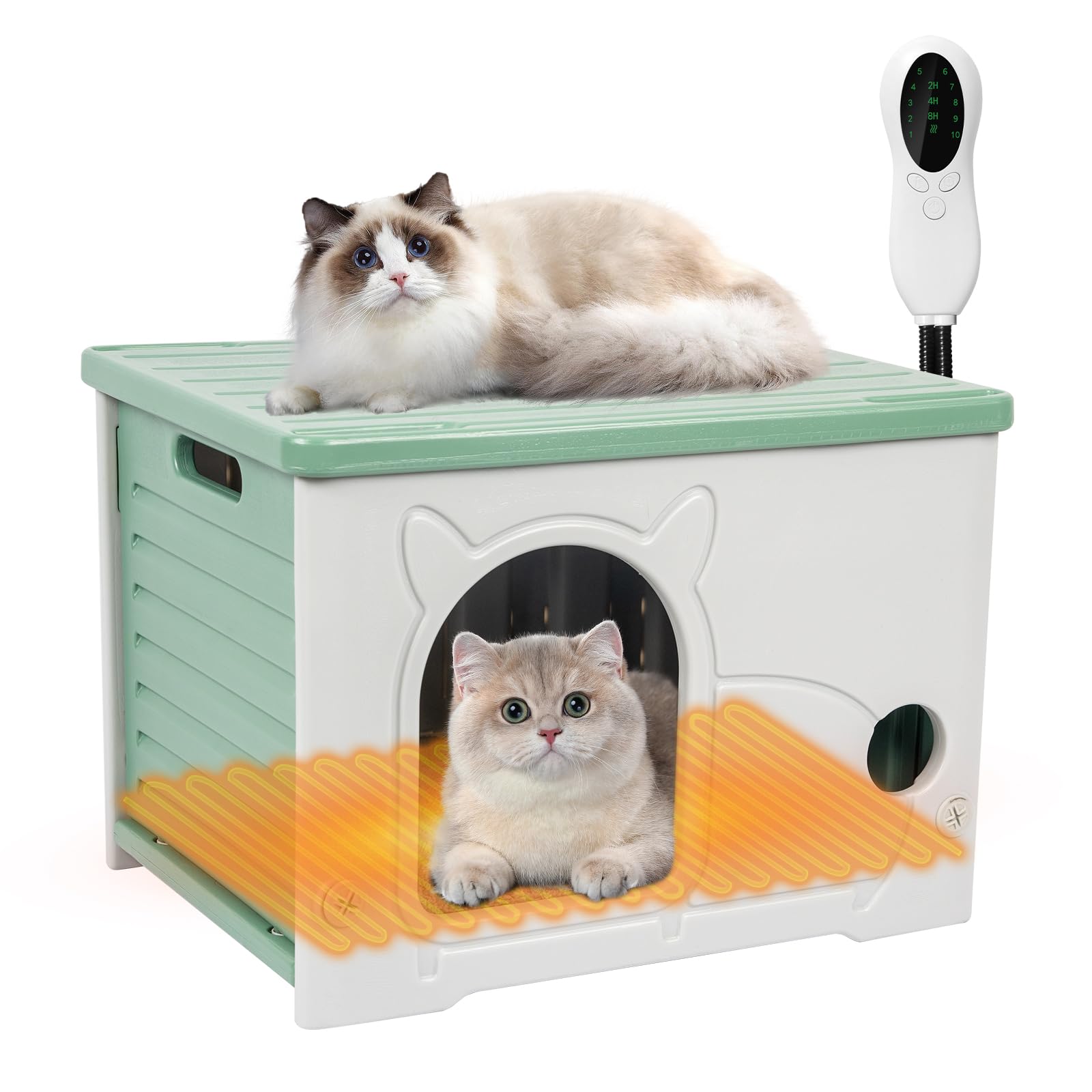Heated Cat House, Cat Shelter Indoor, Weatherproof Waterproof Plastic Stackable Cat House For Winter With Heating Mat(Green