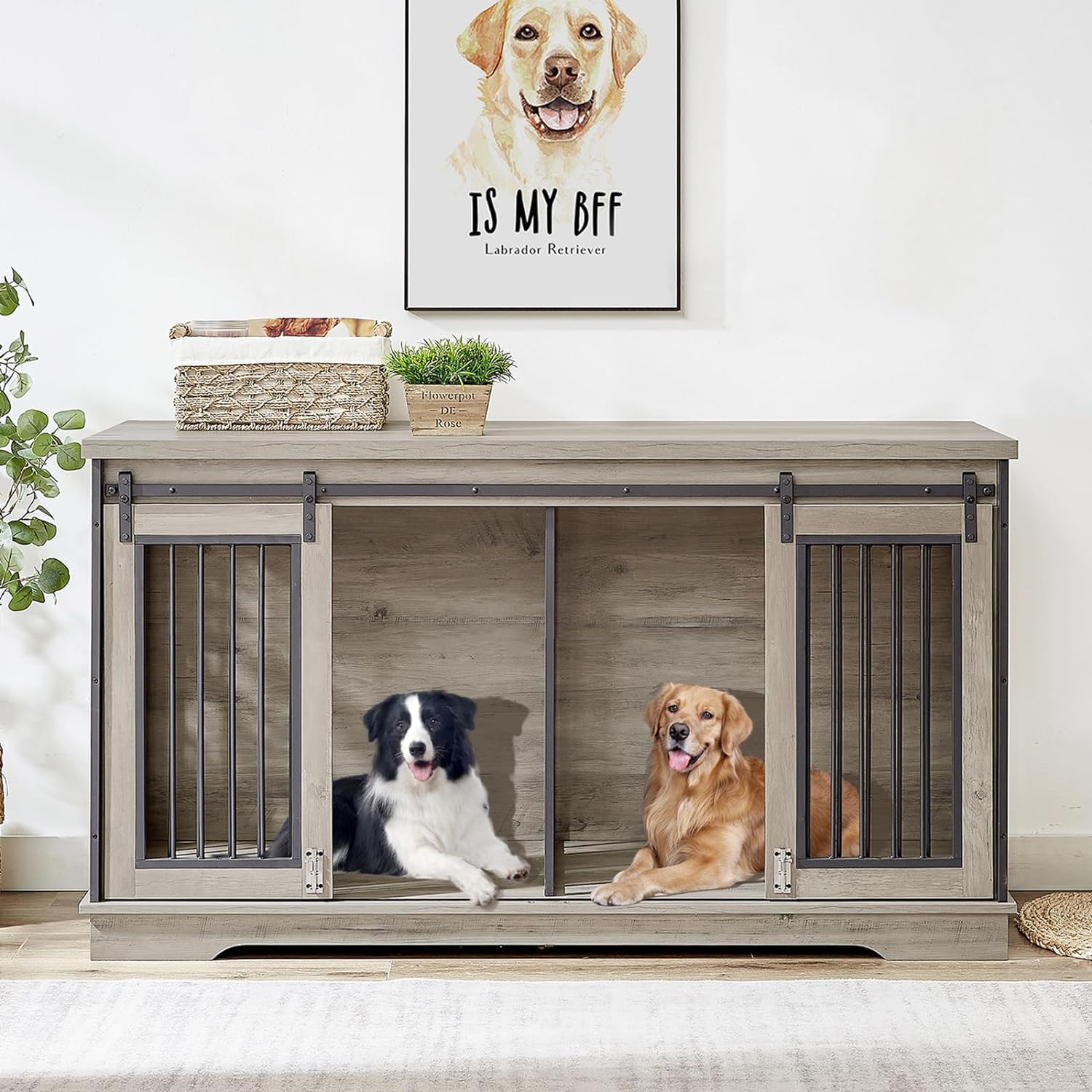 Rovibek 61 Double Dog Crate Furniture for 2 Dogs, Large Double Dog Kennel Furniture TV Stand, Furniture Style Dog Crates End Tab