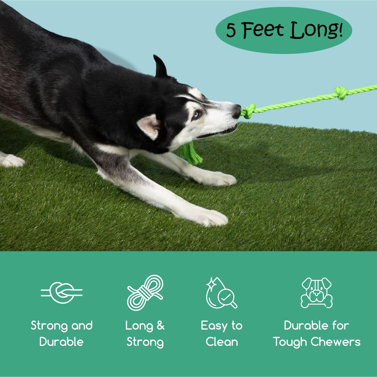 Tumbo Tough Tug Rope Dog Toy - (Green 5 ft Long Strong and Durable Rope Pull Toy with Handle) TUG of WAR Dog Toy