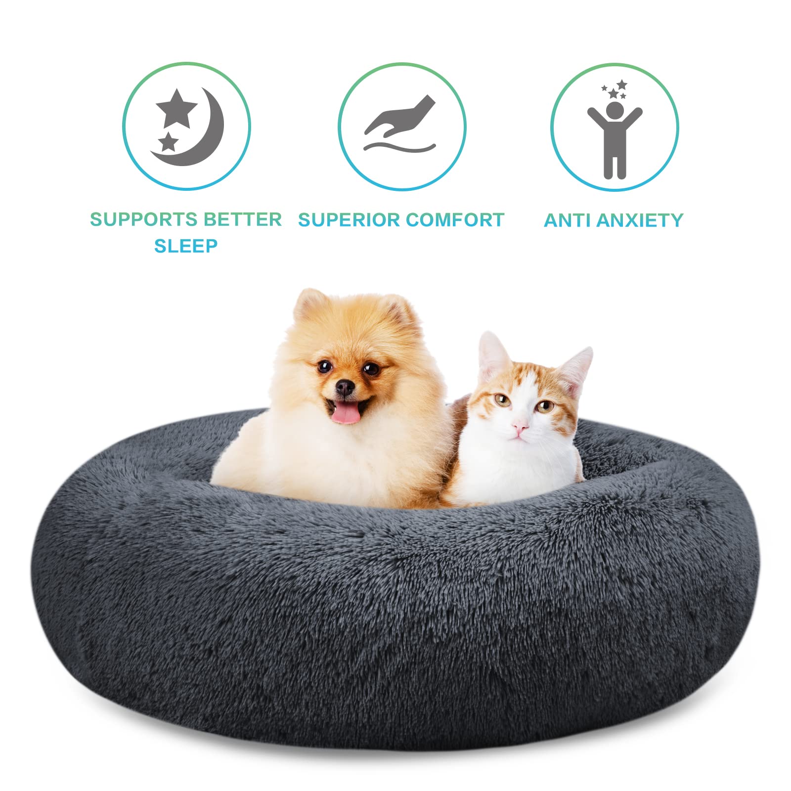 SAVFOX Calming Dog Bed, Plush Faux Fur, Dark Grey, Small 23"x23", Anti-Anxiety Cuddler, Washable, Perfect for Small Dogs