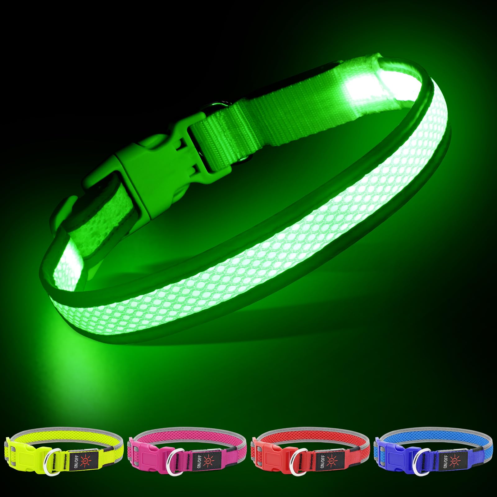 Yfbrite Light Up Dog Collar, Rechargeable Led Dog Collar, Flashing Dog Collar, Adjustable Reflective Dog Collar Safety Glowing At Night (Green, Large)