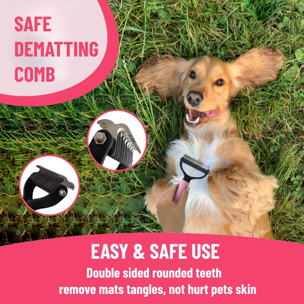 Master Queen Dog Grooming Kit - Deshedding Brush For Short Hair, Slicker Brush, Flea Comb, Puppy Brush Set In Pink