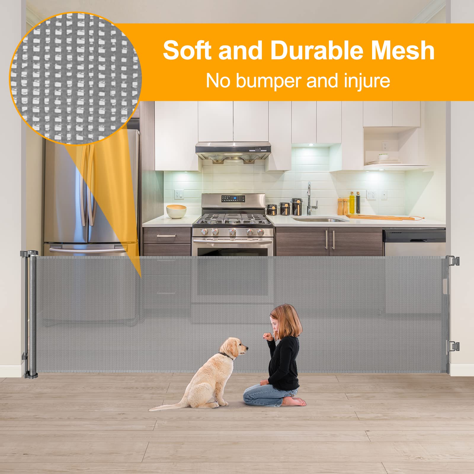 WOMHOM 140" Retractable Dog Gate - Extra Wide Metal Baby Gate in Gray, Model SH20.007 for Doorways & Stairs