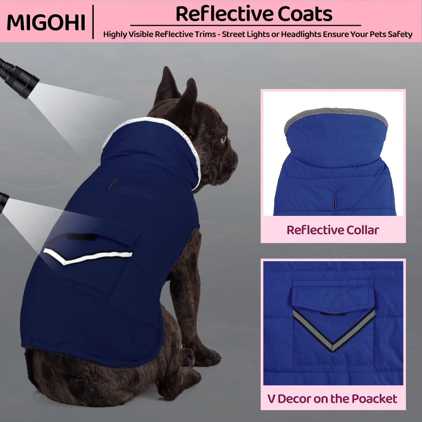MIGOHI Warm Dog Coat - Winter Dog Jacket, Reflective Windproof Fleece Vest with Leash Hole and Furry Collar, Blue, Small to Larg
