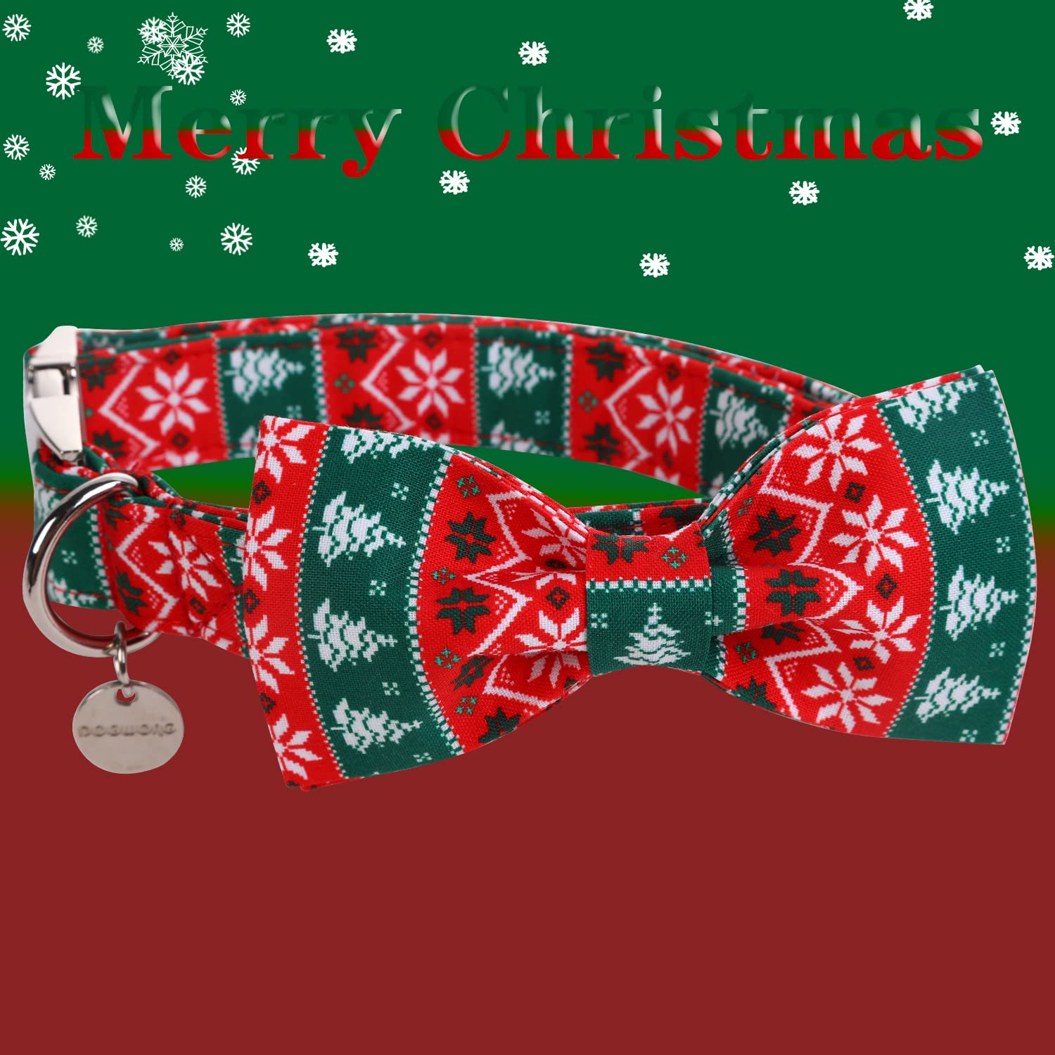 Dogwong Christmas Dog Collar With Bow Tie, Red Green Strip Snowflake Dog Collar Soft Durable Adjustable Cotton Puppy Collar For