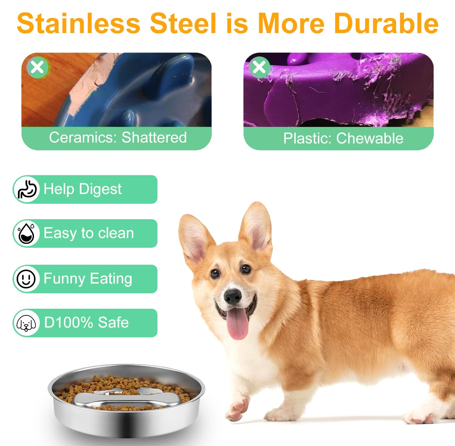 Stainless Steel Slow Feeder Dog Bowls,2 Pcs Slow Food Bowl for Dog & Cat - 2 Cups Capacity,Bone-Shaped Design Pet Food Holder,Me
