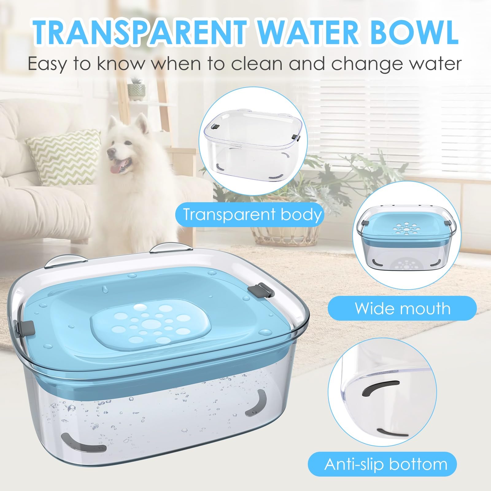 Aonkey 3L Dog Water Bowl No Spill, 101Oz Large Spill Proof Dog Bowl Reduce Refill, Anti Splash No Mess Dispenser Dripless Slow D