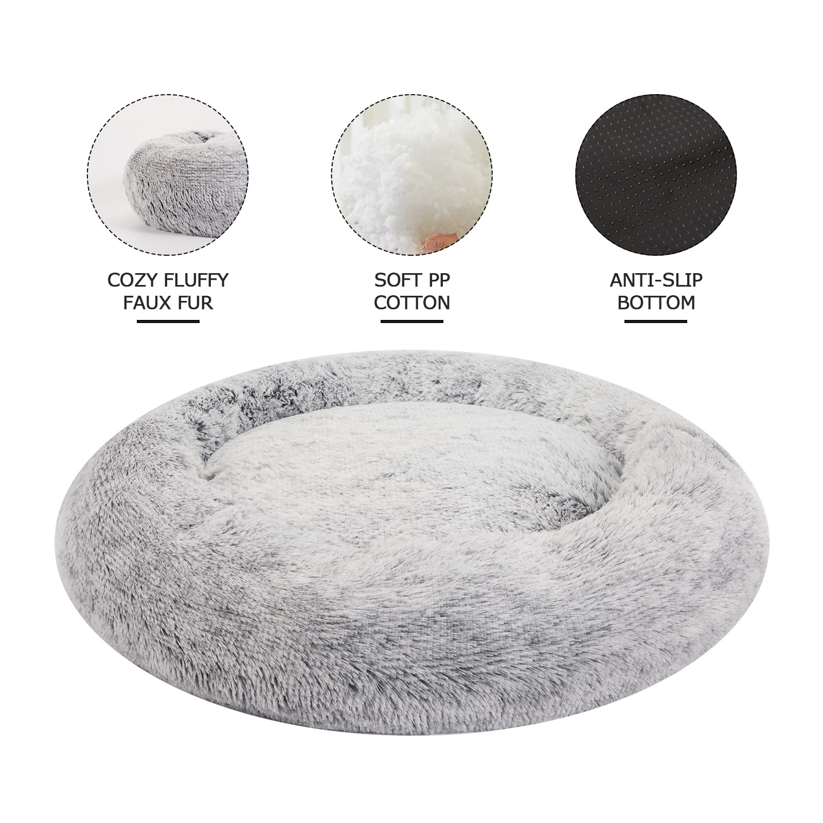 Bedfolks Calming Donut Dog Bed, 45 Inches Round Fluffy Dog Beds For Extra Large Dogs, Anti-Anxiety Plush Dog Bed, Washable Pet Bed With Non-Slip Bottom (Dark Grey, Extra Large)