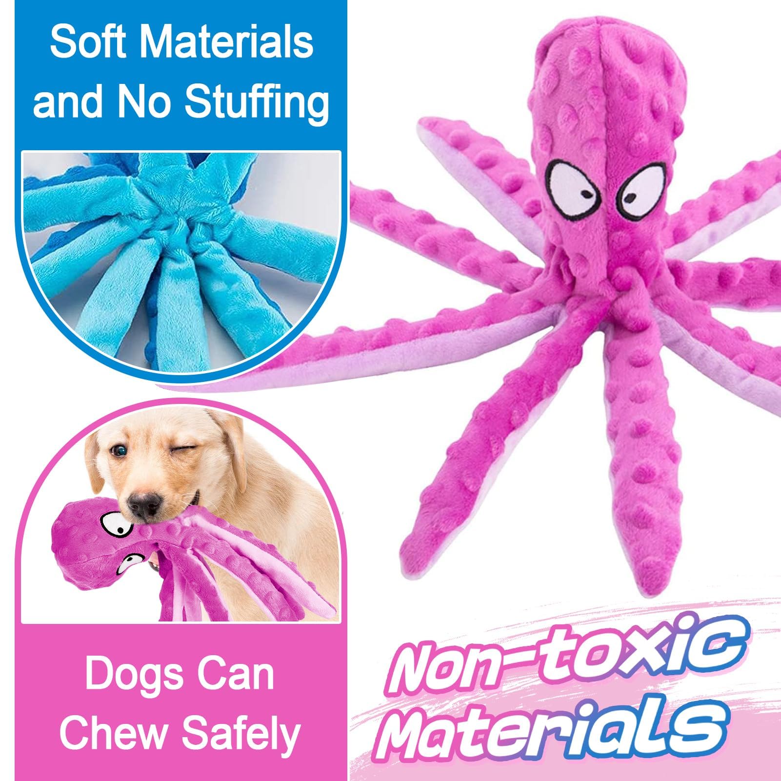 Alphatool Squeaky Dog Toys, Octopus Dog Toys For Aggressive Chewers, Tough No Stuffing Plush Dog Toys For Large Dogs, Crinkle Interactive Puppy Dog Toys For Small Medium Dogs(3Pcs)