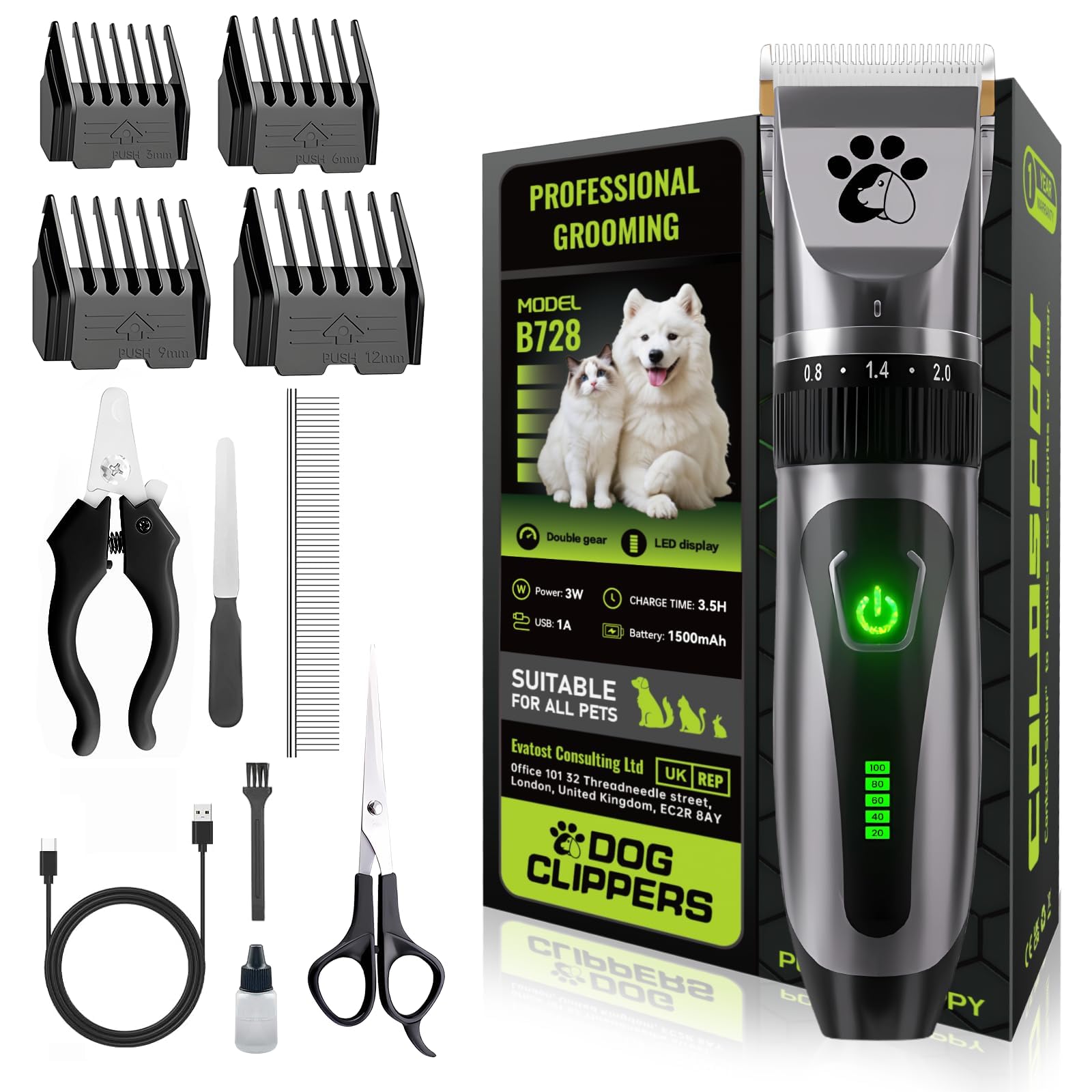 Dog Clippers Cordless, Professional Cat Trimmer, 2-Speed Low Noise Dog Grooming Kit, Pet Trimmer For Small Large Thick Hair Dogs