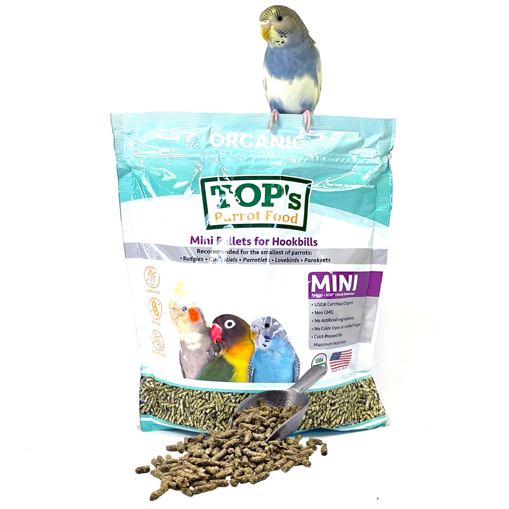 TOPs Parrot Food Mini Pellets Bird Food for Budgies, Cockatiels, Parrotlets, Lovebirds, Parakeets - Non-GMO, Peanut Soy & Corn 