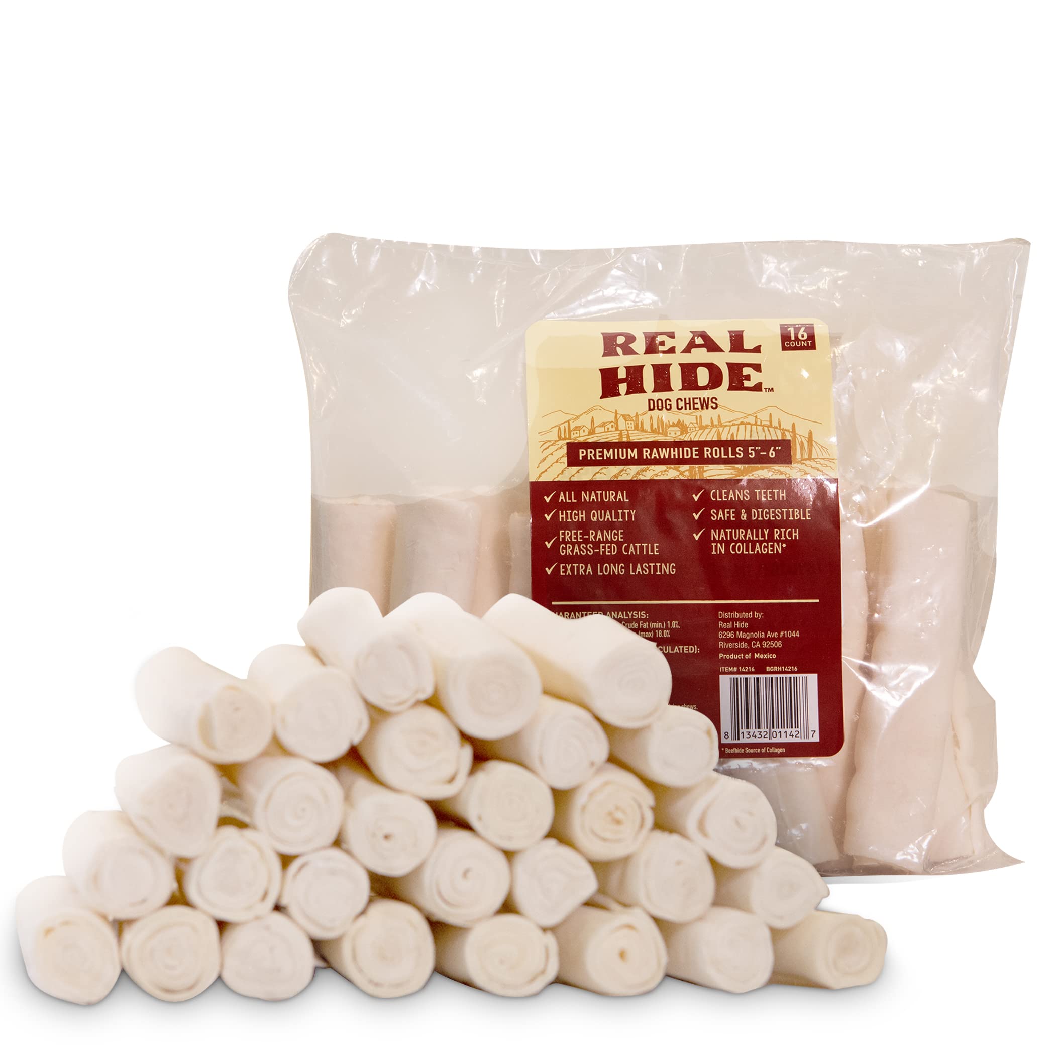Real Hide | All Natural Dog Chew Treats - Premium Rawhide Rolls, 5-6 Inch - Long Lasting Grass Fed Free Range Beef Hide - Small/