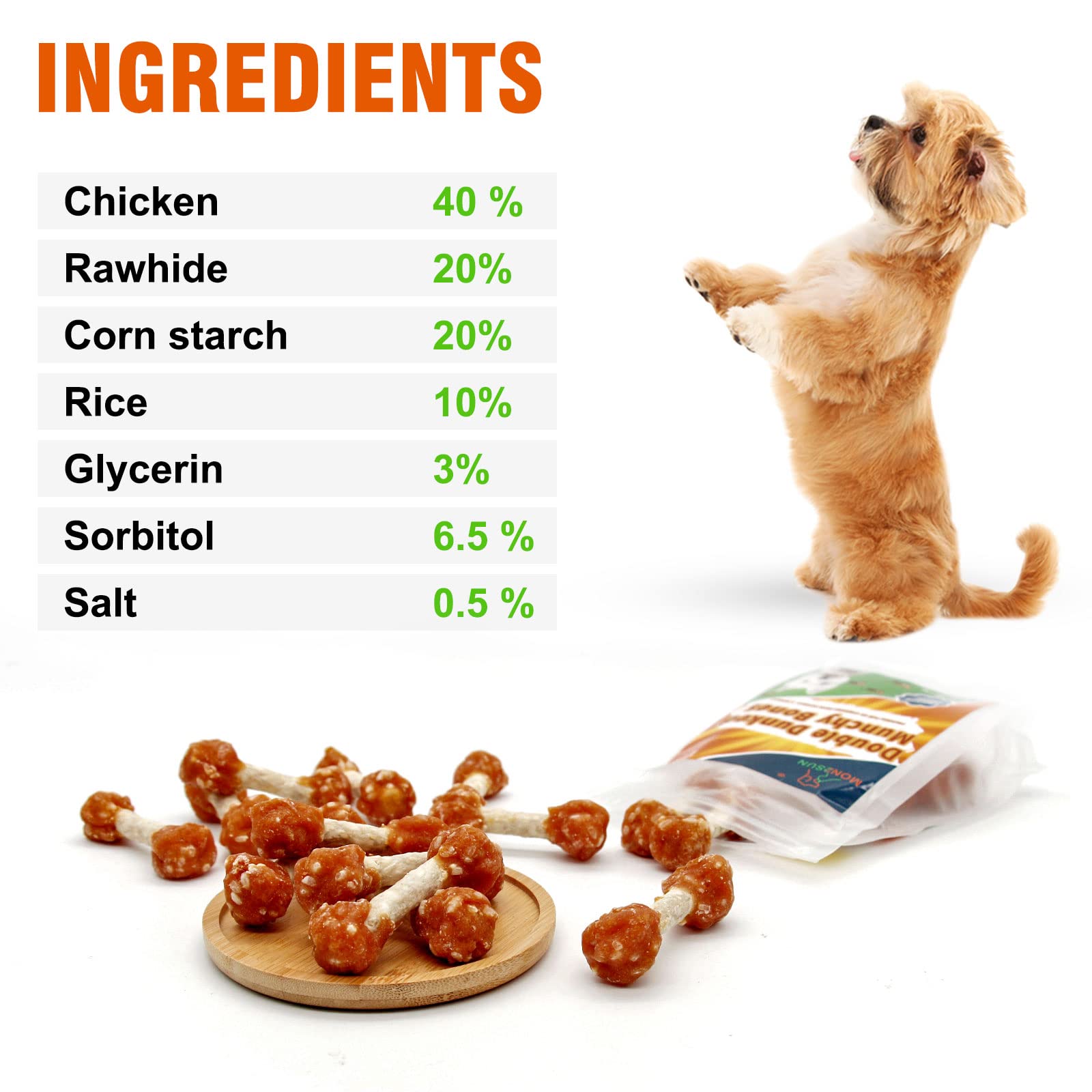 MON2SUN Dog Treats, 9oz Mini Rawhide Chews, Chicken Dumbbells with Rice for Small Dogs & Toy Breed, Crunchy and Healthy (2.5 Inc