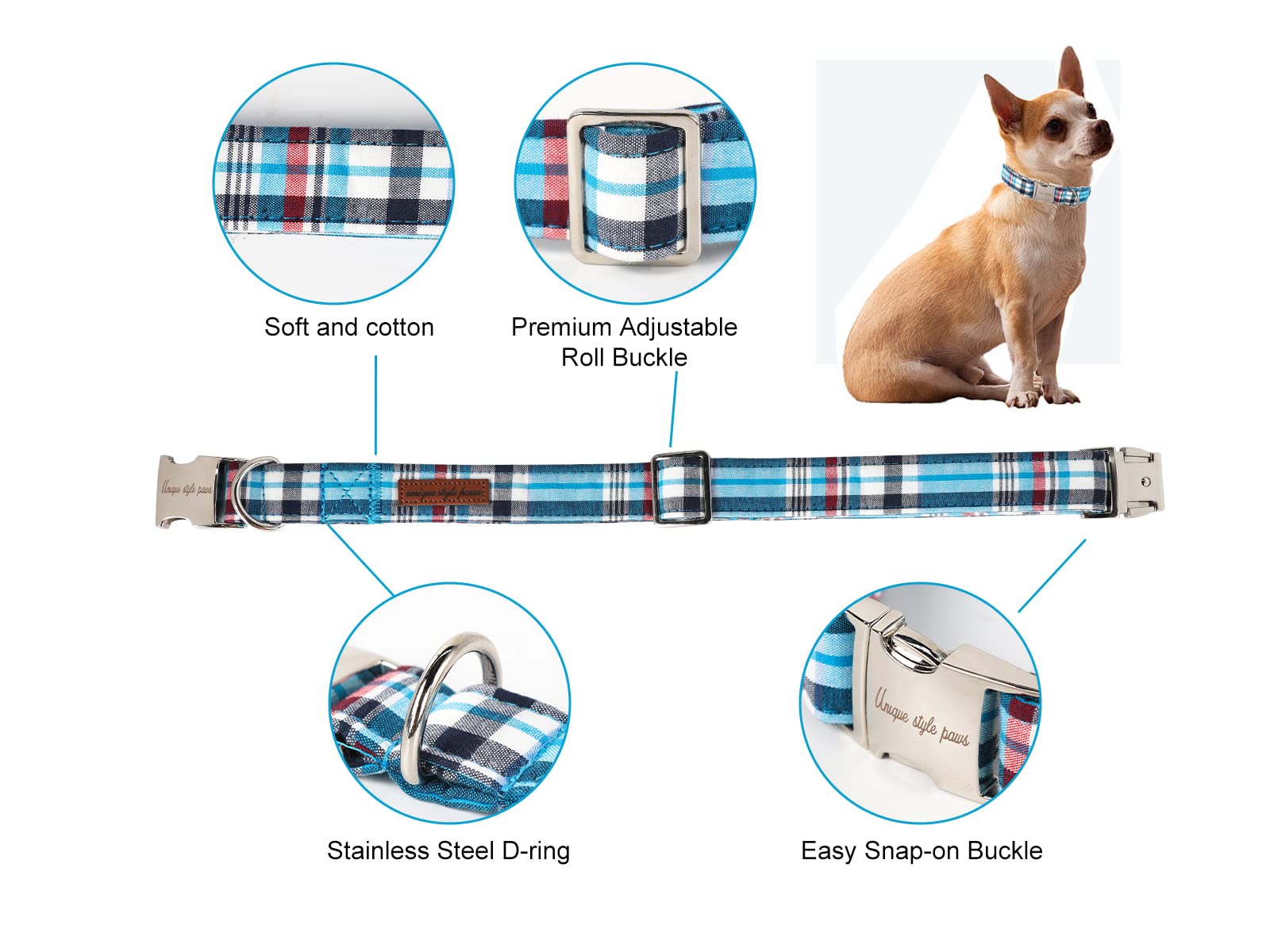 Unique Style Paws Dog Collar Metal Buckle Blue Plaid Collar Gift Durable Cute Collar For Small Medium Large Boys Girls Dogs