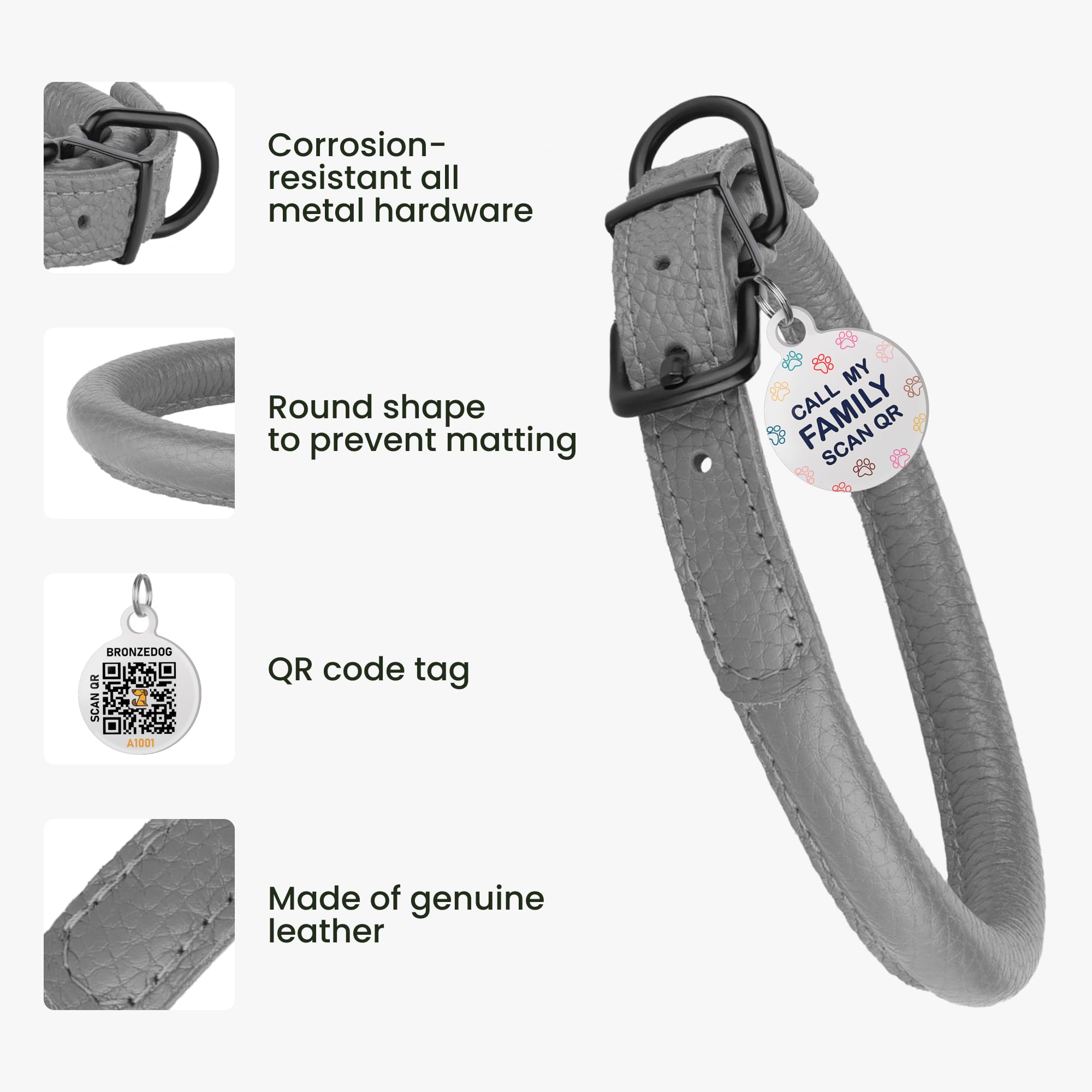 Rolled Leather Dog Collar Soft Round Collars, Id Tag For Small Medium Large Dogs (7-10 Inch, Smoke Grey)