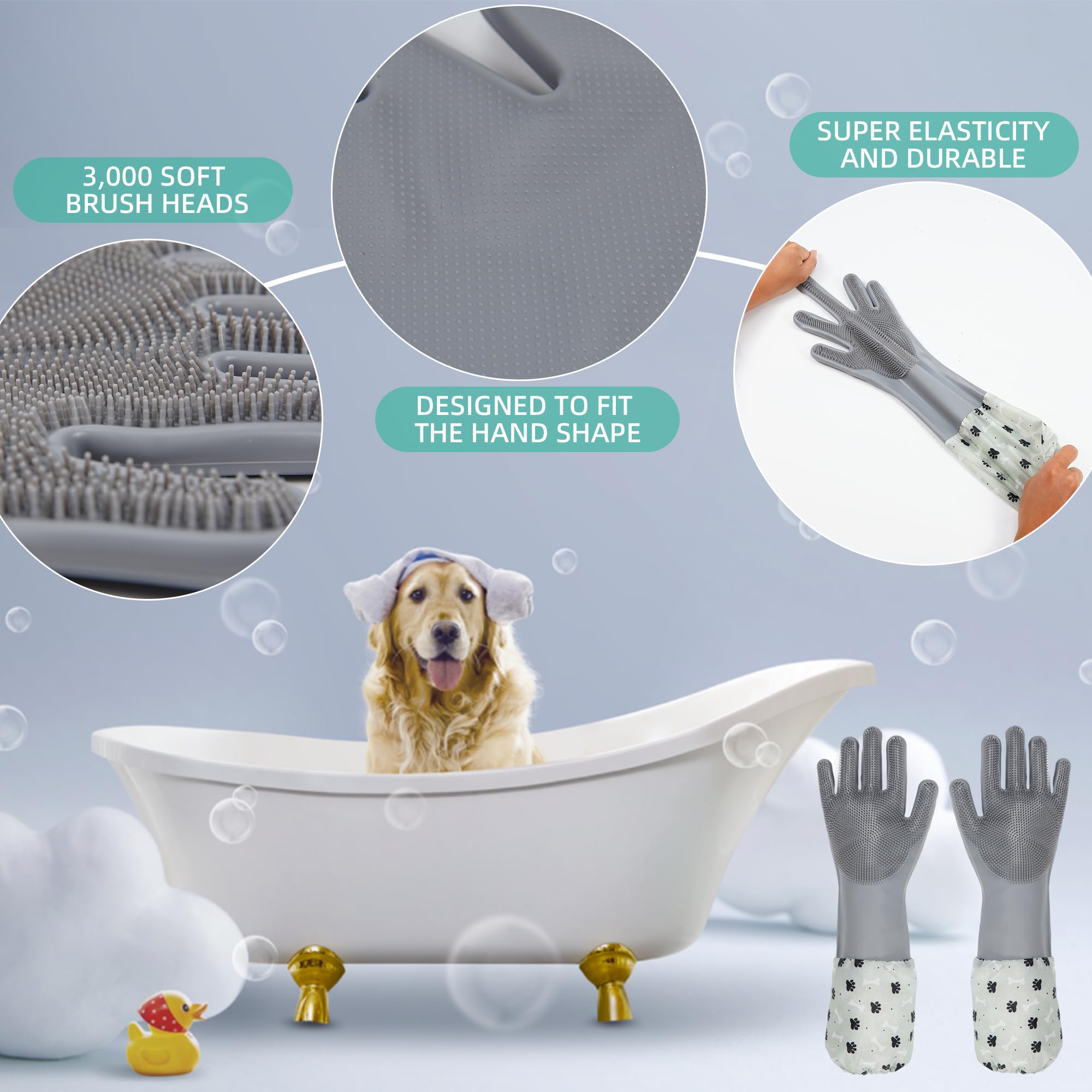 Robatun Pet Grooming Gloves & Hair Remover For Cats And Dogs - 2-In-1 Dog Bath Gloves With Finger Toothbrush & Extended Length -