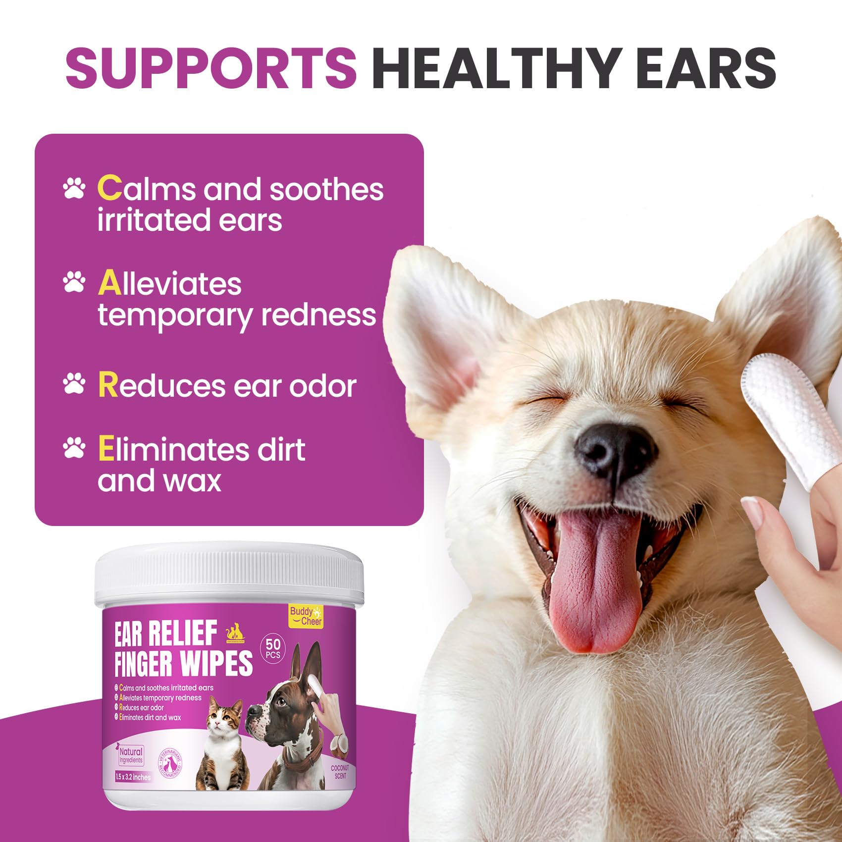 Pet Ear Cleaning Finger Wipes for Dogs & Cats - Dog Ear Cleaner with Aloe, Coconut Oil & Ginseng - Finger Dog Ear Wipes to Relie