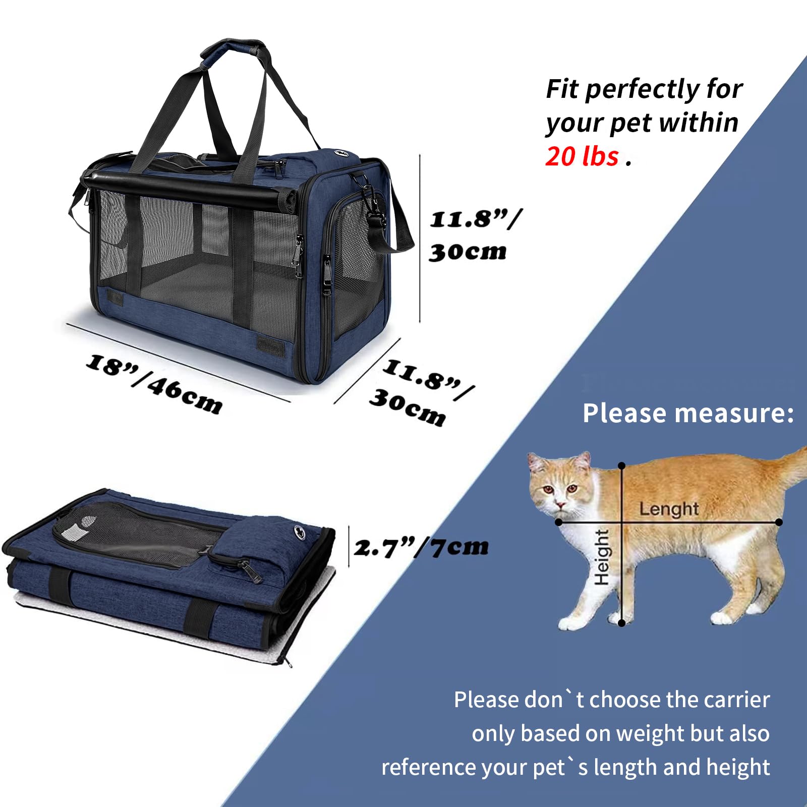 Gapzer Medium Cat Carrier For Large Cat 15 Lbs+ Soft Pet Carrier Small Puppy/Ventilated 2 Kittens Car Travel Bag Case/Comfy Big Cat 25 Pounds/Soft-Sided Mesh Cat Products Dark Blue