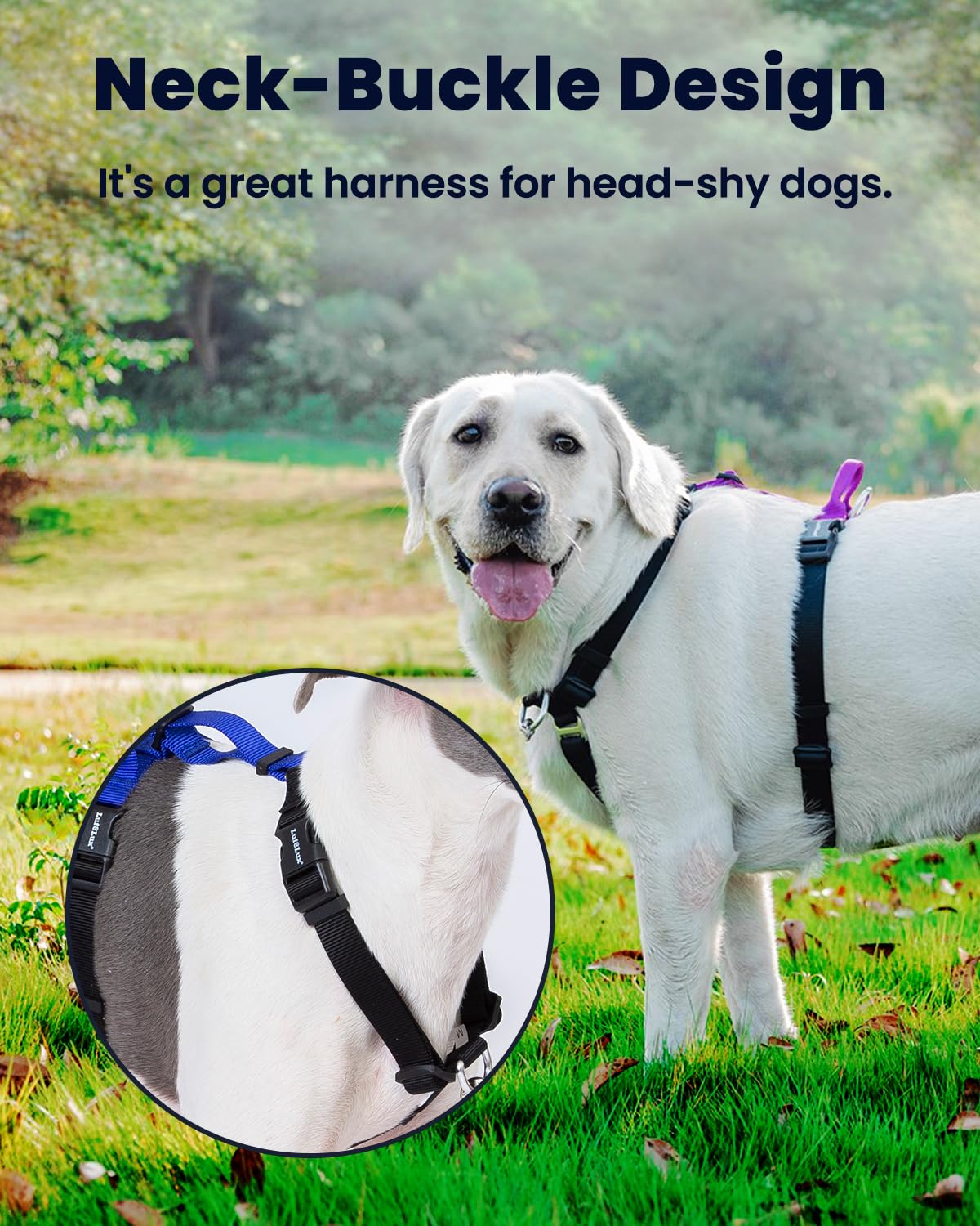 Lufelux Non-Restrictive Easy Walk Freedom No Pull Dog Harness, Keep Balance, Neck-Buckle, Six Points Adjustment, 2 Leash Clips F