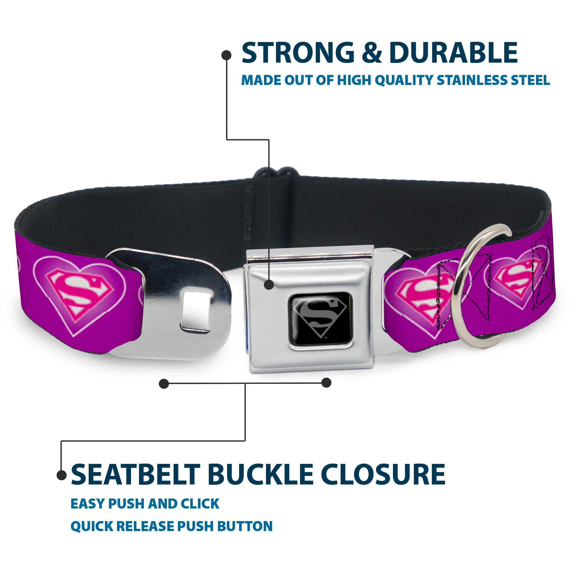 Buckle-Down Seatbelt Buckle Dog Collar - Superman Logo In Heart Purple/White/Pink - 1.5' Wide - Fits 18-32' Neck - Large