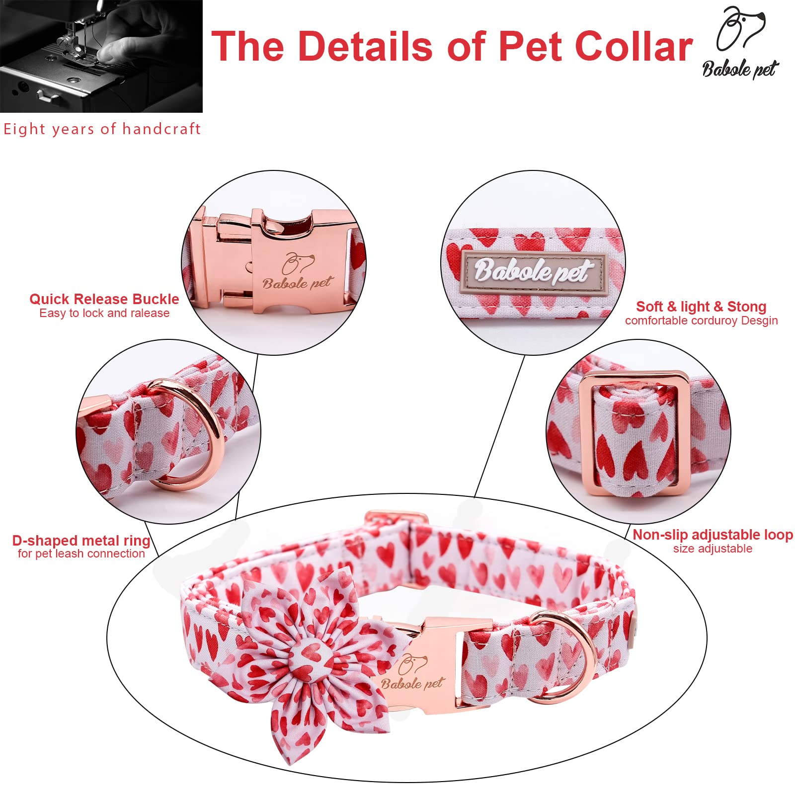 2023 New Valentine'S Day Dog Collar Flower Tie-Babole Pet,White Red Pink Love Male Dog Collar With Safety Metal Buckle Adjustabl