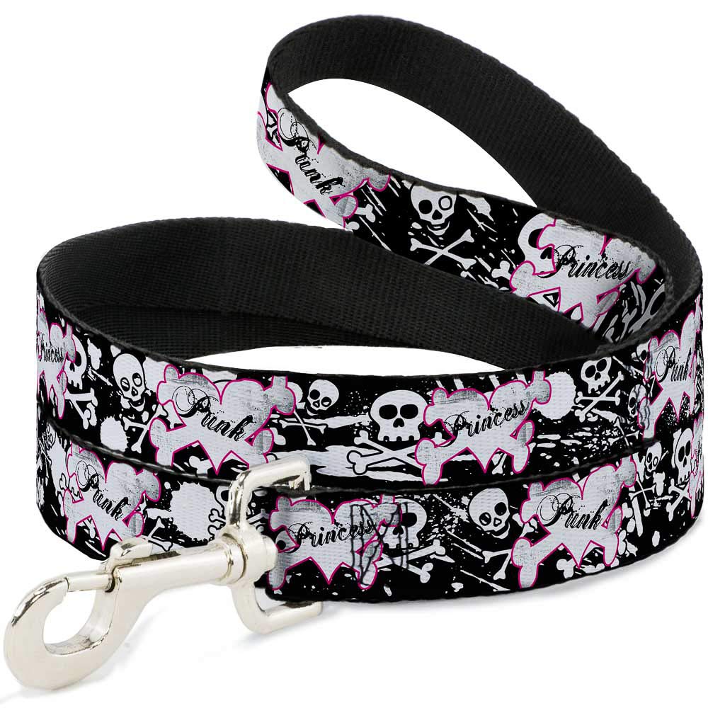 Buckle-Down Pet Leash - Punk Princess Heart & Cross Bones w/Skulls & Splatter Black/White - 6 Feet Long - 1.5 Wide
