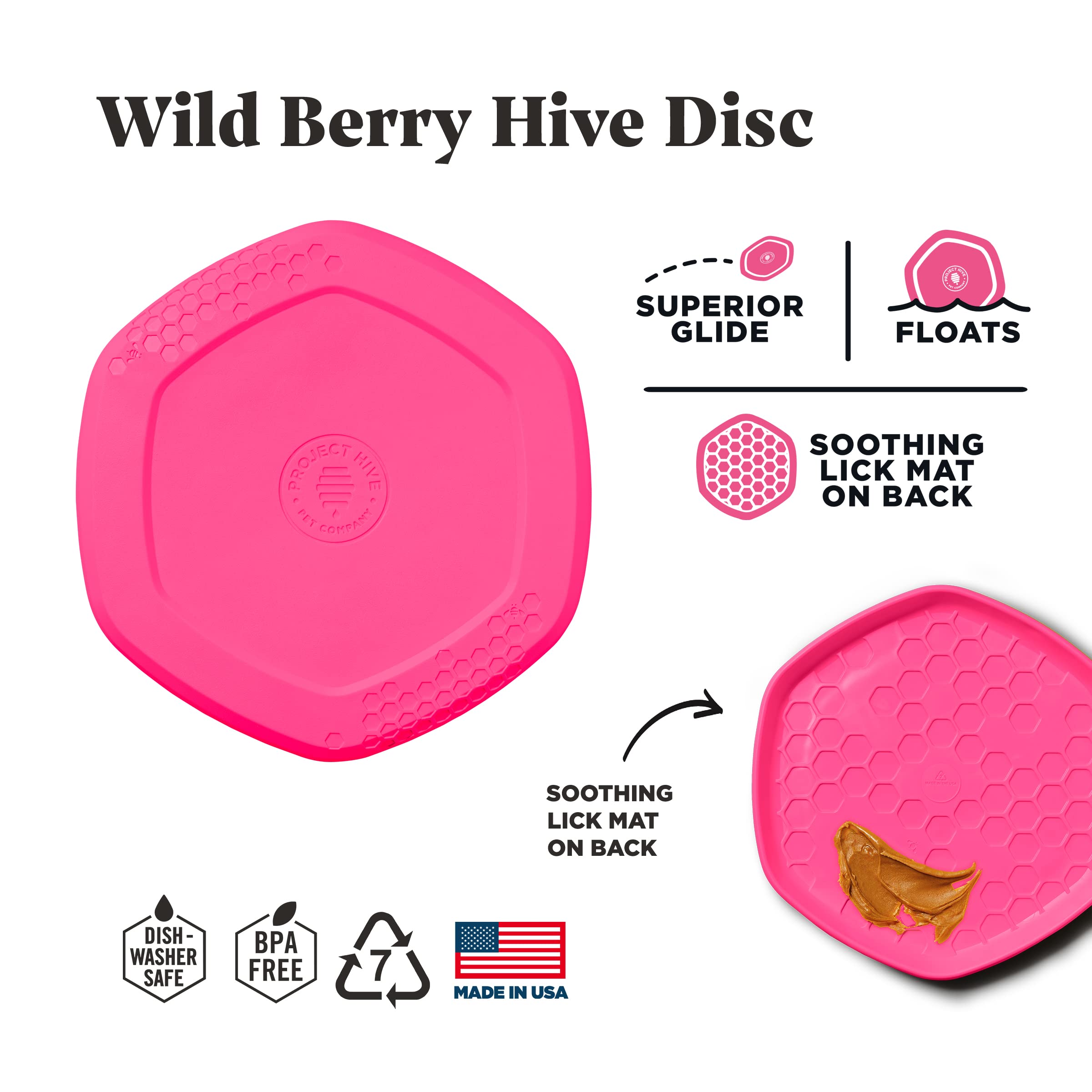 Project Hive ·Pet Company· - Wild Berry Scented - Hive Frisbee Disc For Dogs - Great For Fetch - Includes A Lick Mat On Back - Floats In Water, Smooth Glide - Made In The Usa