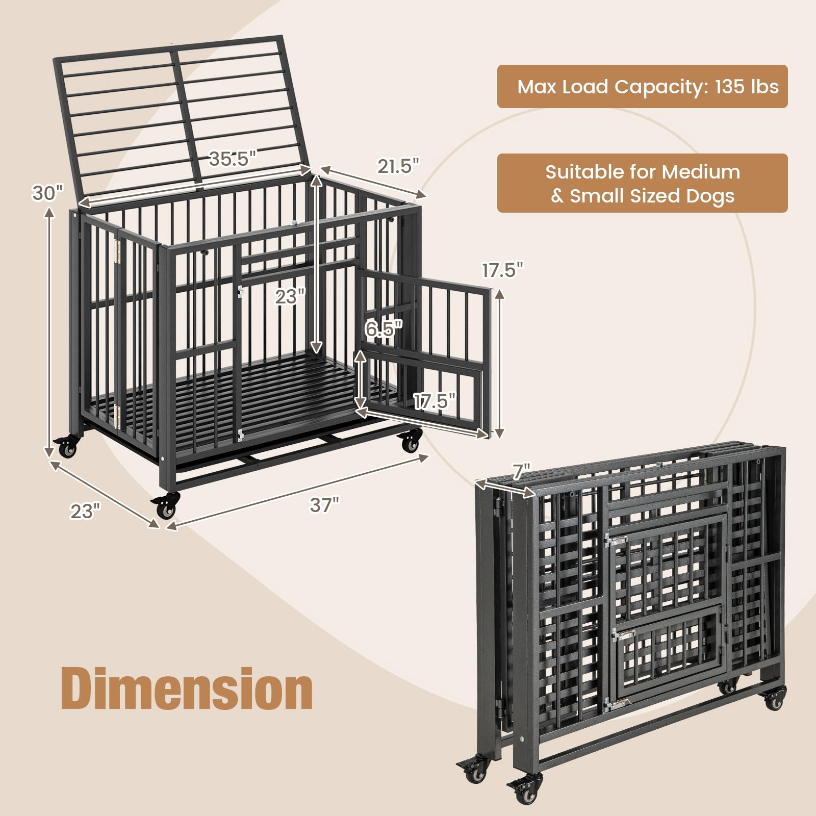 Petsite 37 Inches Foldable Metal Dog Crate, Heavy Duty Dog Cage With 3 Lockable Doors, Removable Tray, 4 Lockable Universal Whee