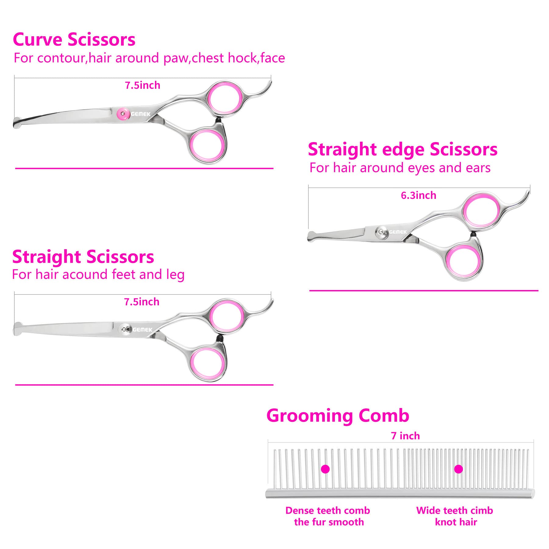 Gemek Dog Grooming Scissors Set, 4Cr Stainless Steel Safety Round Tip Pet Professional Grooming Tool 5 Pieces Kit - Straight, Curved, Thinning Shears & Comb For Dogs, Cats And Other Animals