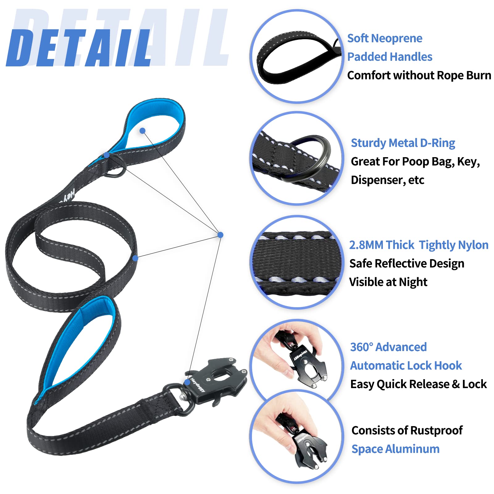 Strong Heavy Duty Dog Leash - 5Ft Reflective Nylon Training Leash With Soft Padded Double Handle & Auto Lock Frog Clip - Safety