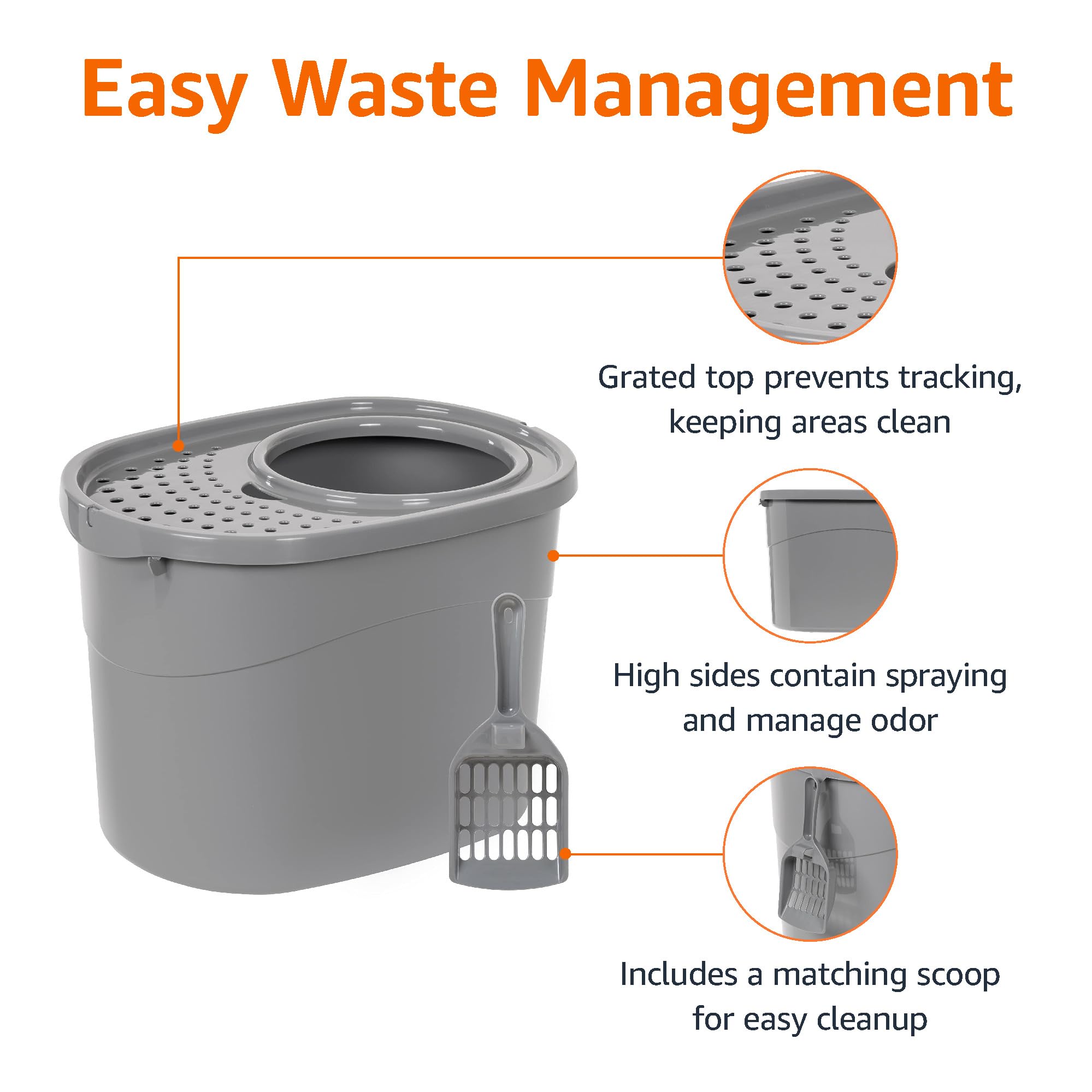 Amazon Basics Large Cat Litter Box With High Sides, Top Entry, Includes Scoop, 20.5 X 14.75 X 14.38 Inches, Grey