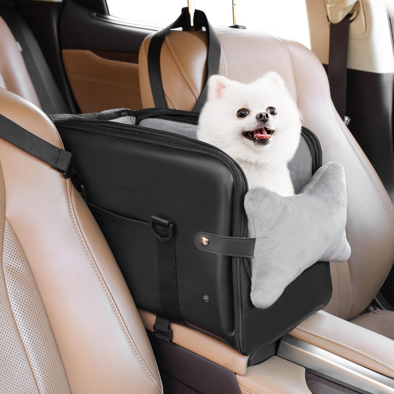 PetsHome Console Dog Car Seat for Small Dogs, Premium PU Leather Dog Booster Seat Portable Pet Car Seat with Double Fixation Sea