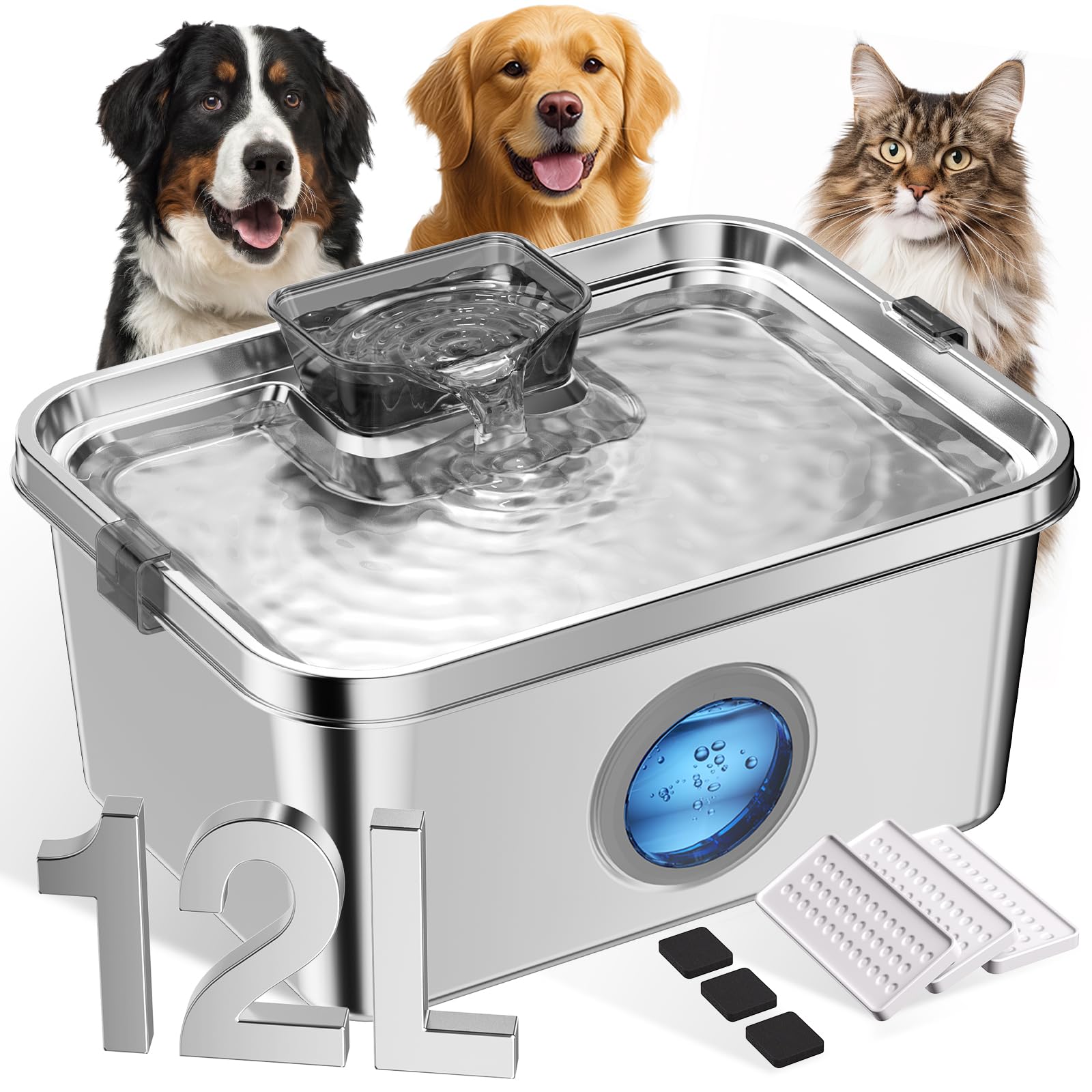 Dog Water Fountain, 12L/406oz Stainless Steel Pet Water Fountain for Large Dogs Cats, Quiet Dog Fountain Water Bowl, Visual Wate