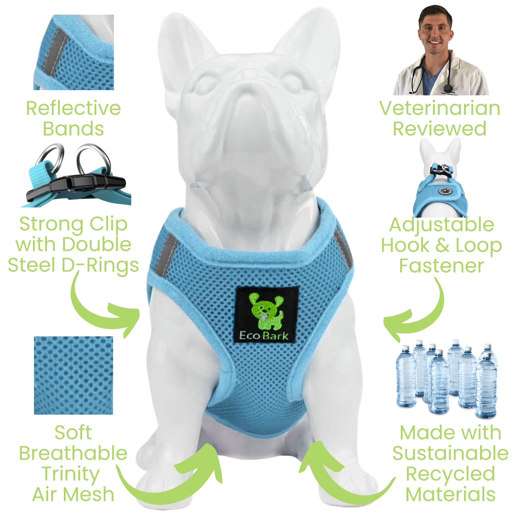 Ecobark Step In Dog Harness - Eco-Friendly Dog Harnesses For Small And Medium Breed Dogs - Reflective And Adjustable Body Halter Vest - Soft Mesh Toy Breed Harness (Blue, Large)