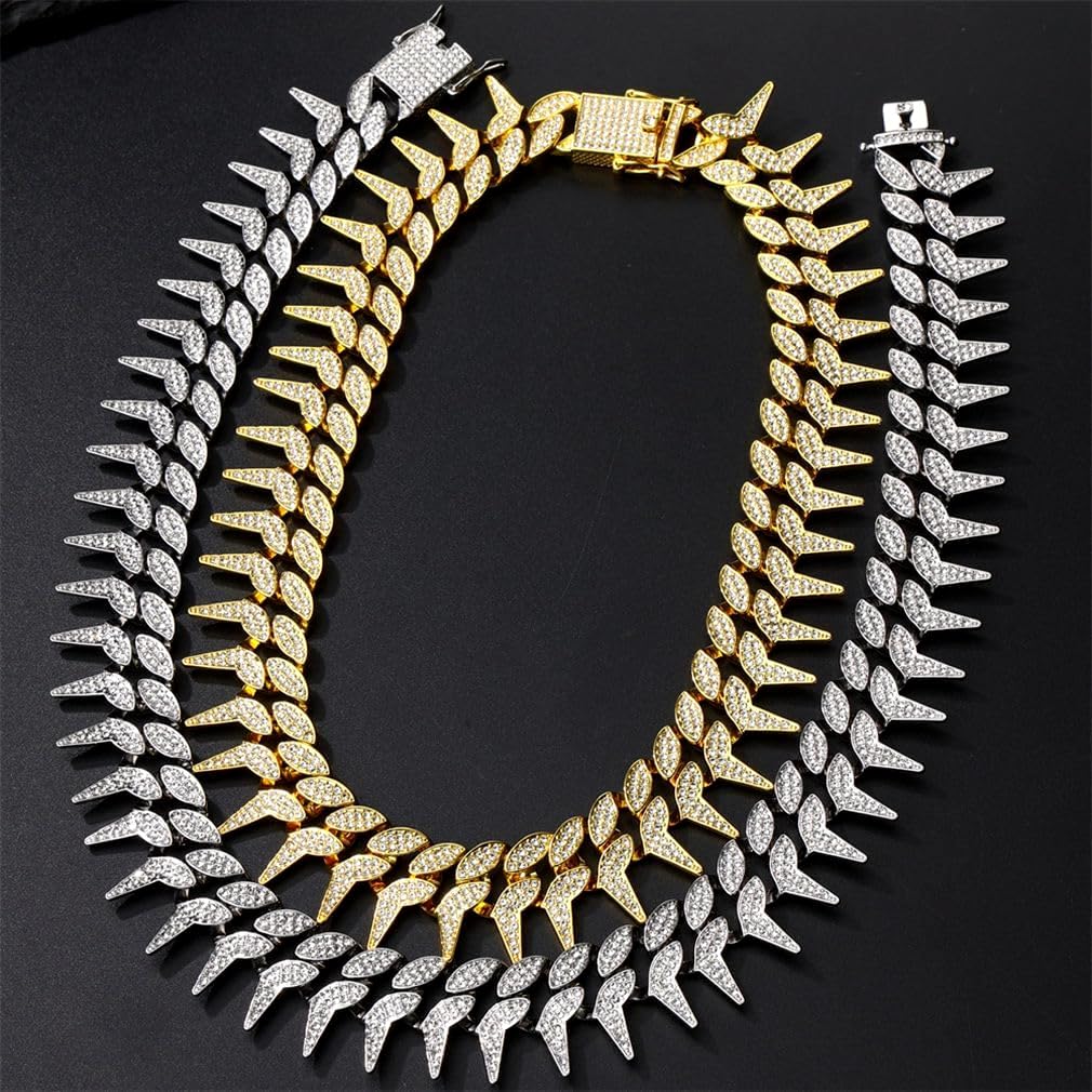 Gold Dog Chain Collar, Cool Spiked Style Necklace Bling Diamond Cuban Link Dog Collars Glitter Rhinestone Puppy Collar For Xxs X