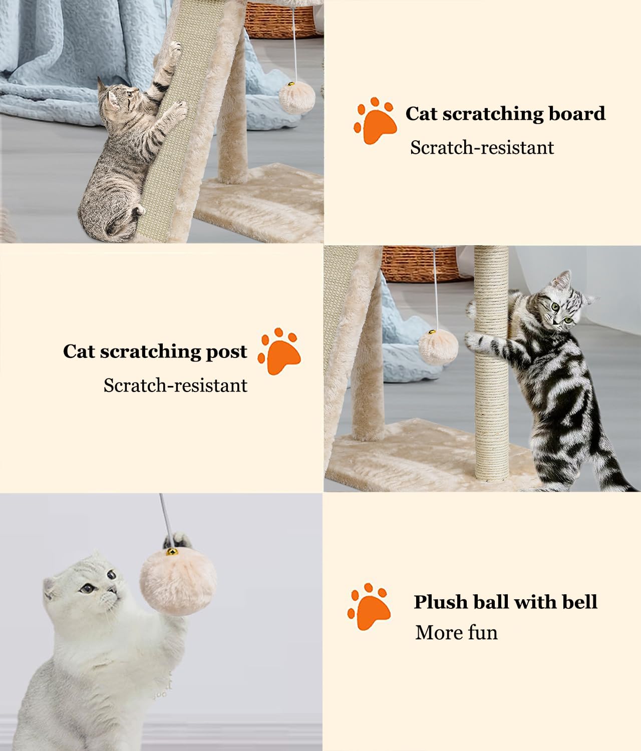 SYANDLVY Cat Tree with Scratching Post & Perch, Beige, Engineered Wood, Model PAT15M, 2 Dangling Balls for Indoor Cats