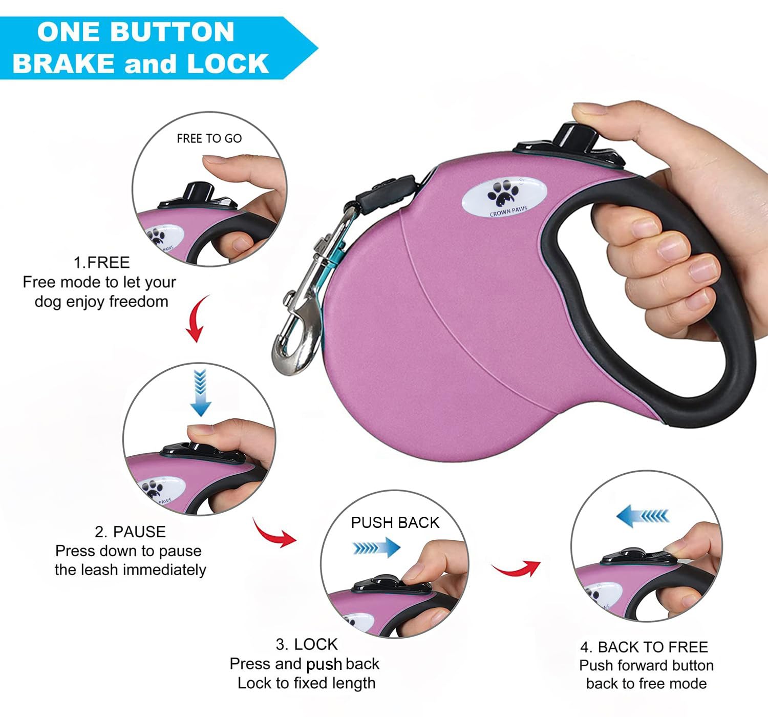 Crown Paws 16Ft Retractable Dog Leash For Medium Breed Dogs Up To 44 Lbs With A Detachable Chew Proof Extender Wire Ropes (Pink